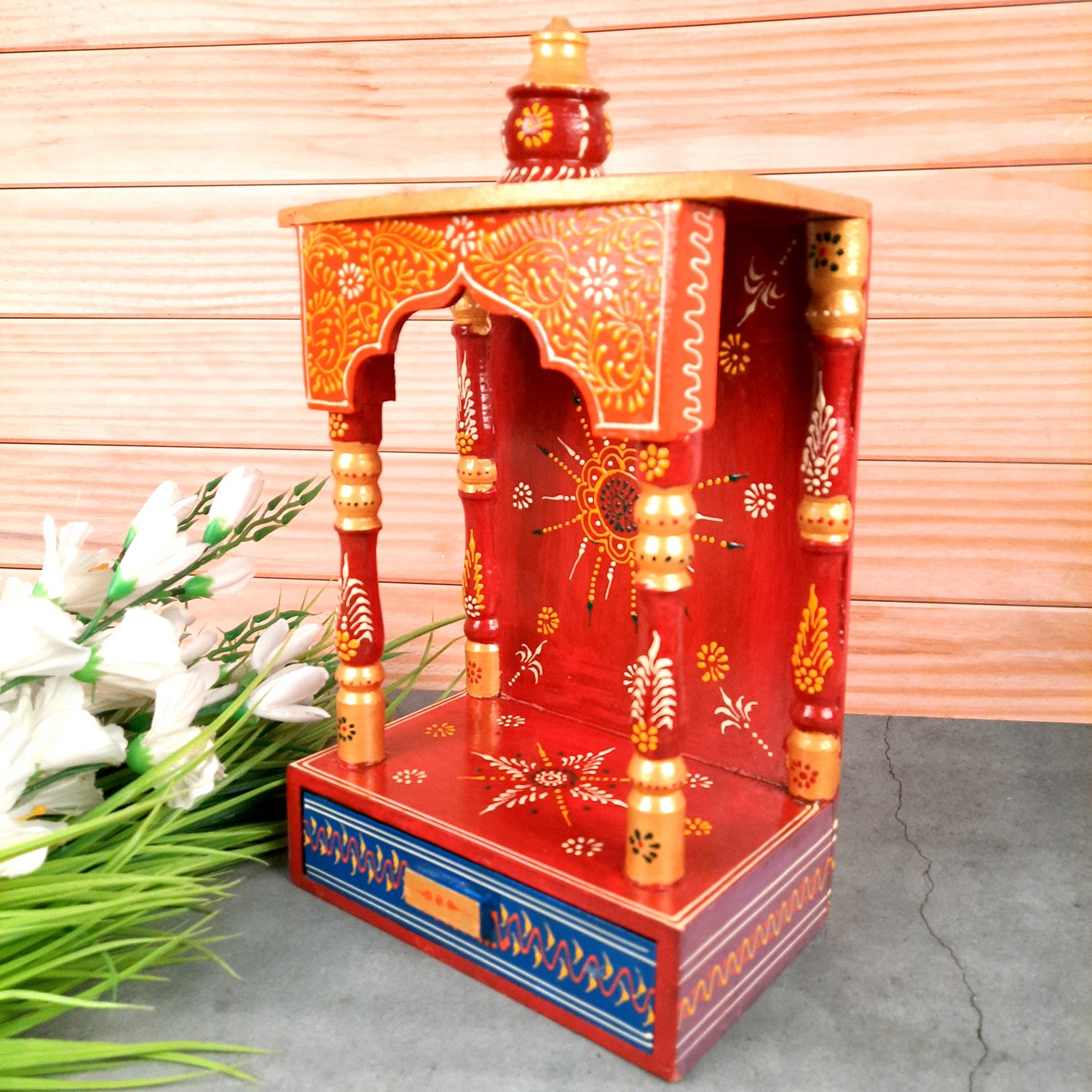 Pooja Temple with In Built Storage Drawer | Mandap For God |Puja Mandir Wall Mount - For Home , Puja Room, Office & Gifts - 15 Inch - Apkamart #Style_Style 1