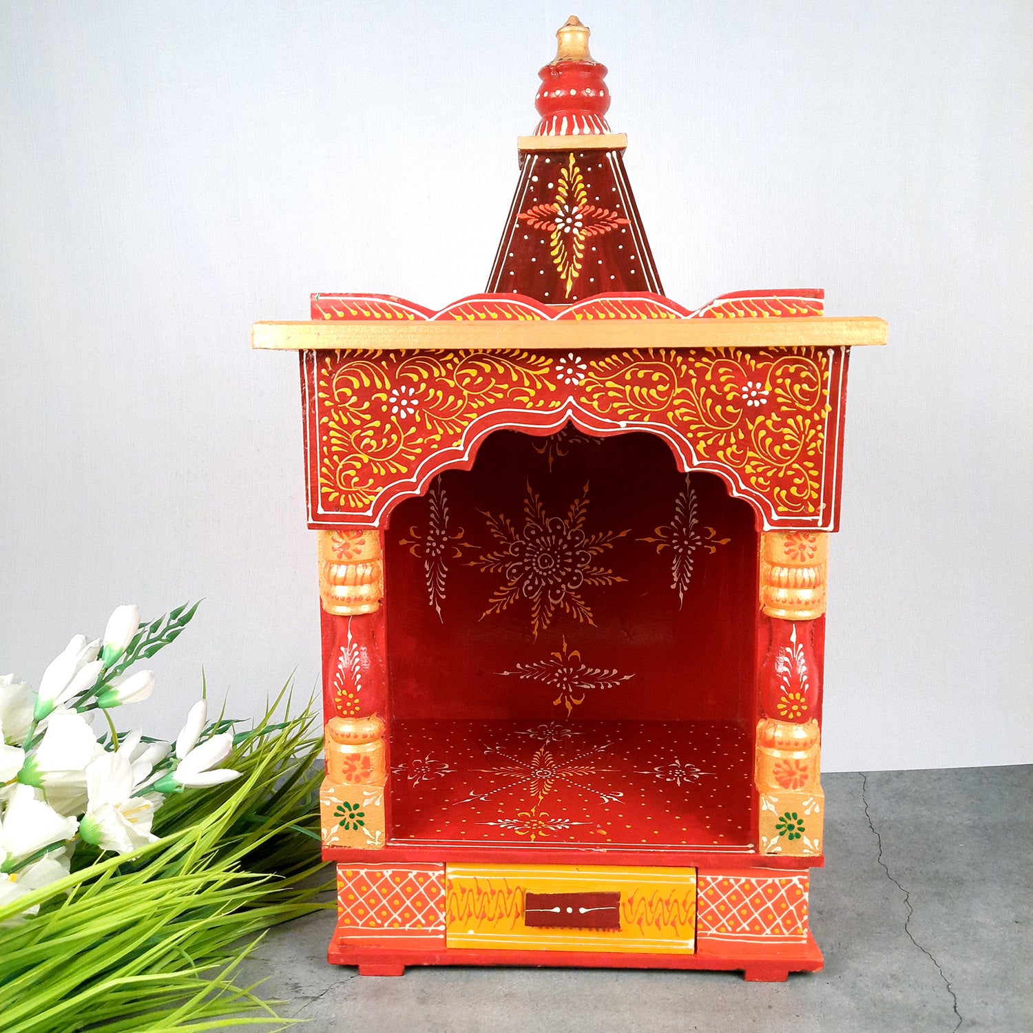 Pooja Temple Wooden With Storage Drawer | Big Mandir For Home | Puja Stand Mandap Wall Mounted – For House, Ghar, Office, Shop - 23 Inch