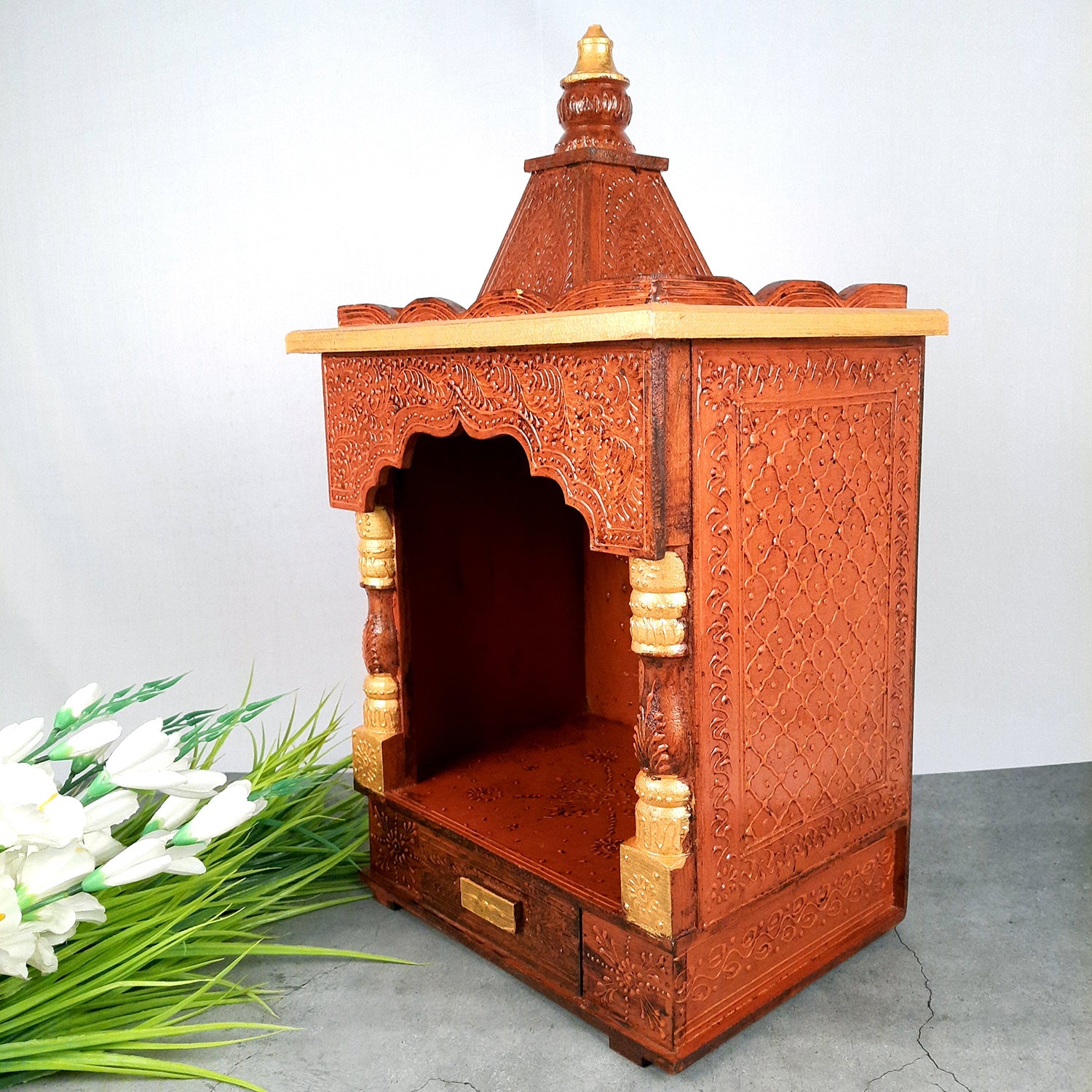 Pooja Temple Wooden With Closed Sides | God Temple For Home | Antique Puja Stand Mandir - Wall Mounted – For Ghar, Office, Shop - 23 Inch - Apkamart