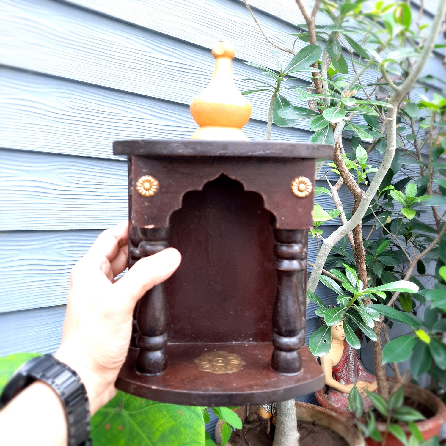 Pooja Mandir | Home Temple Wooden Wall Mounted | Hanging Puja Stand / Unit Small – For God, House, Puja Ghar, Office & Shop - 11 Inch - Apkamart #Style_Design 2