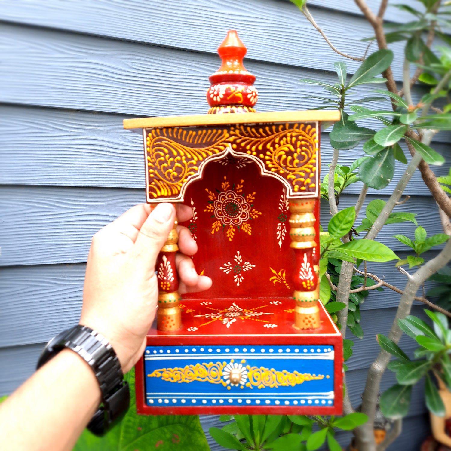 Pooja Temple Wooden | God Temple For Home With In Built Drawer | Puja Mandir With Storage | Pooja Unit Wall Mounted - For Ghar, Office, House, Shop 13 inch -Apkamart