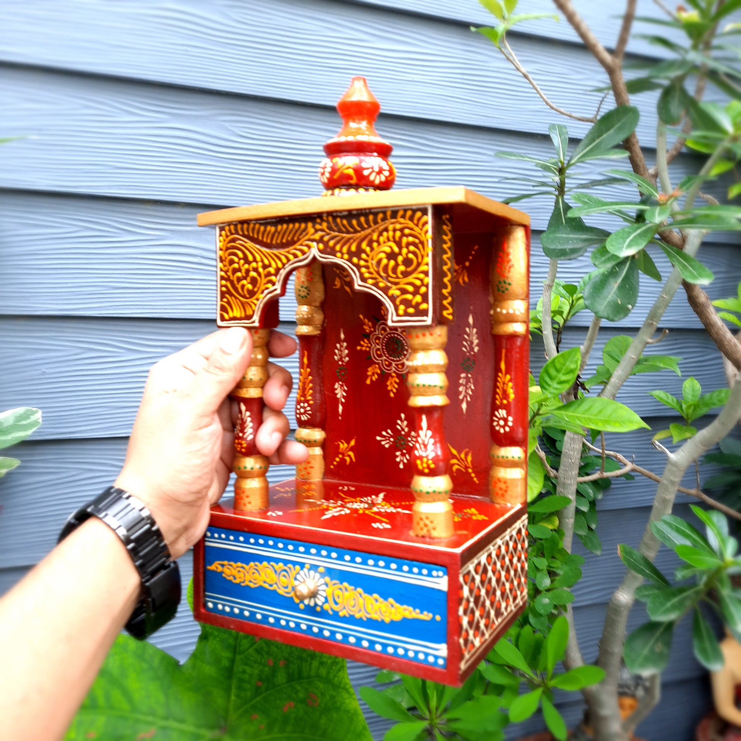Pooja Temple Wooden | God Temple For Home With In Built Drawer | Puja Mandir With Storage | Pooja Unit Wall Mounted - For Ghar, Office, House, Shop 13 inch -Apkamart