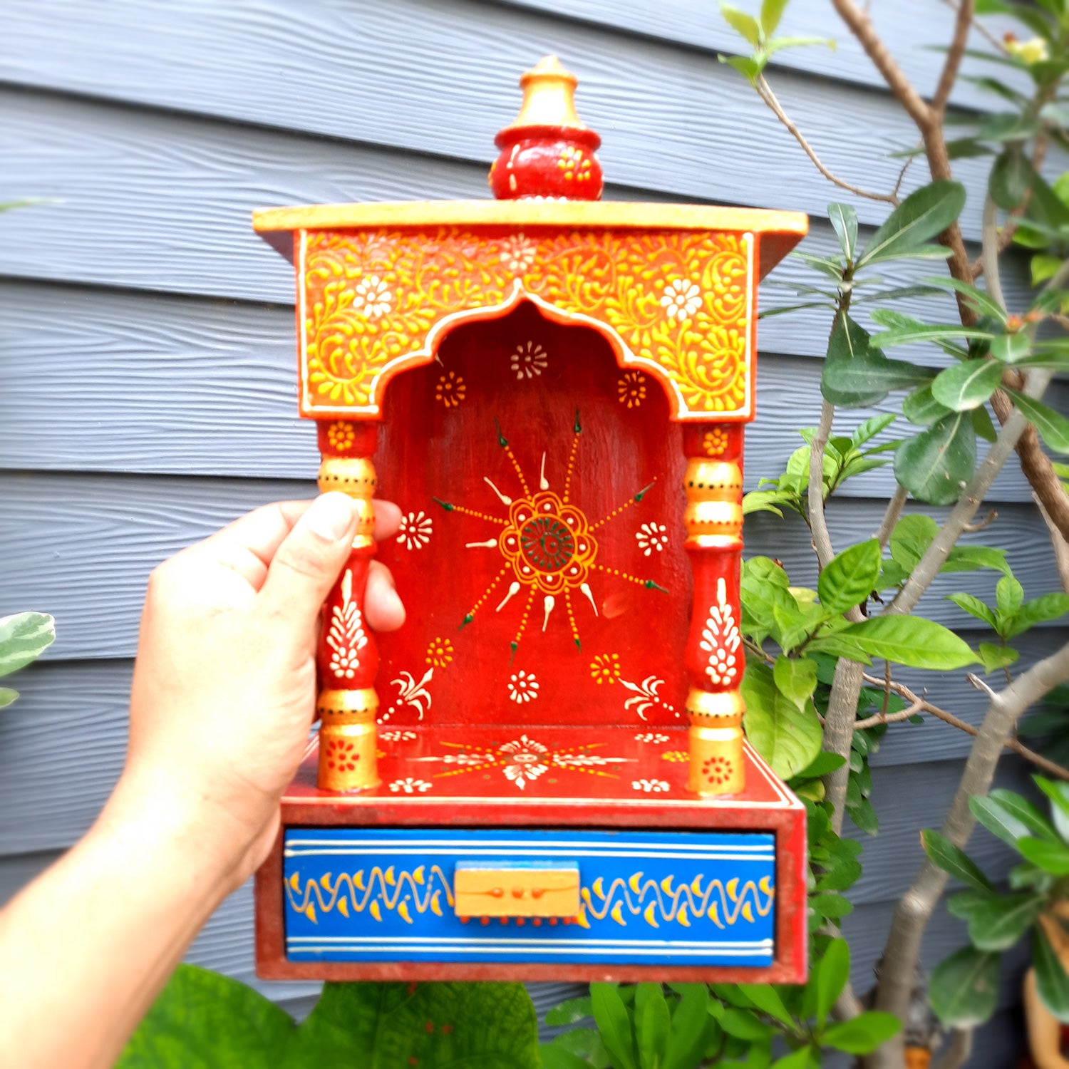 Pooja Mandir | Home Temple Wooden With Storage Drawer | Puja Stand / Mandap Wall Hanging – For Home, Ghar, Office, Shop - 14 inch - Apkamart