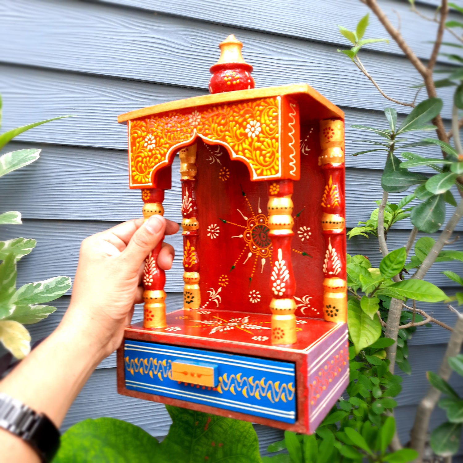 Pooja Mandir | Home Temple Wooden With Storage Drawer | Puja Stand / Mandap Wall Hanging – For Home, Ghar, Office, Shop - 14 inch - Apkamart