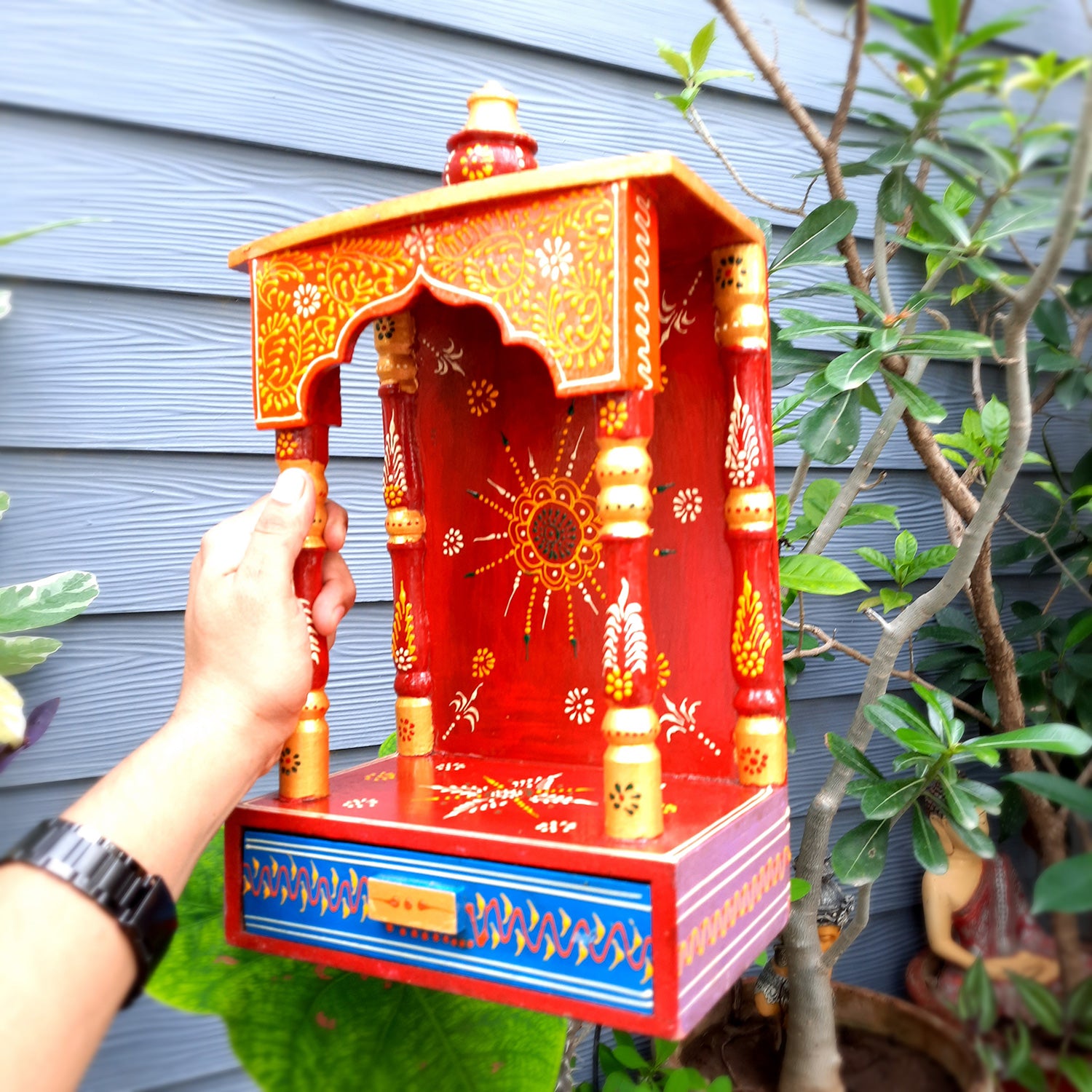 Pooja Temple with In Built Storage Drawer | Mandap For God |Puja Mandir Wall Mount - For Home , Puja Room, Office & Gifts - 15 Inch - Apkamart #Style_Style 1