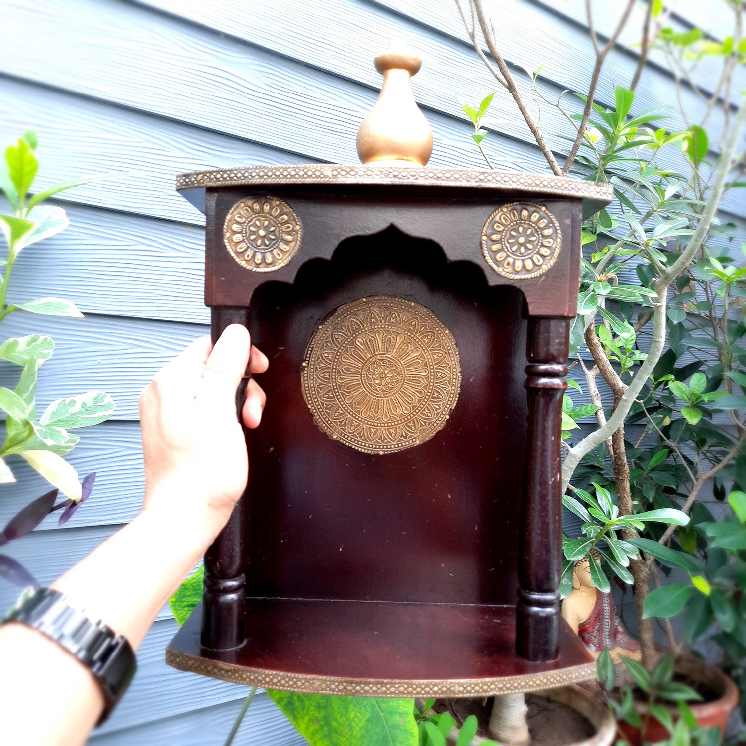 Pooja Mandir | Home Temple With Premium Wood Finish | Brass Puja Stand / Unit Wall Hanging – For Home, Ghar, Office, Shop - 18 inch - Apkamart