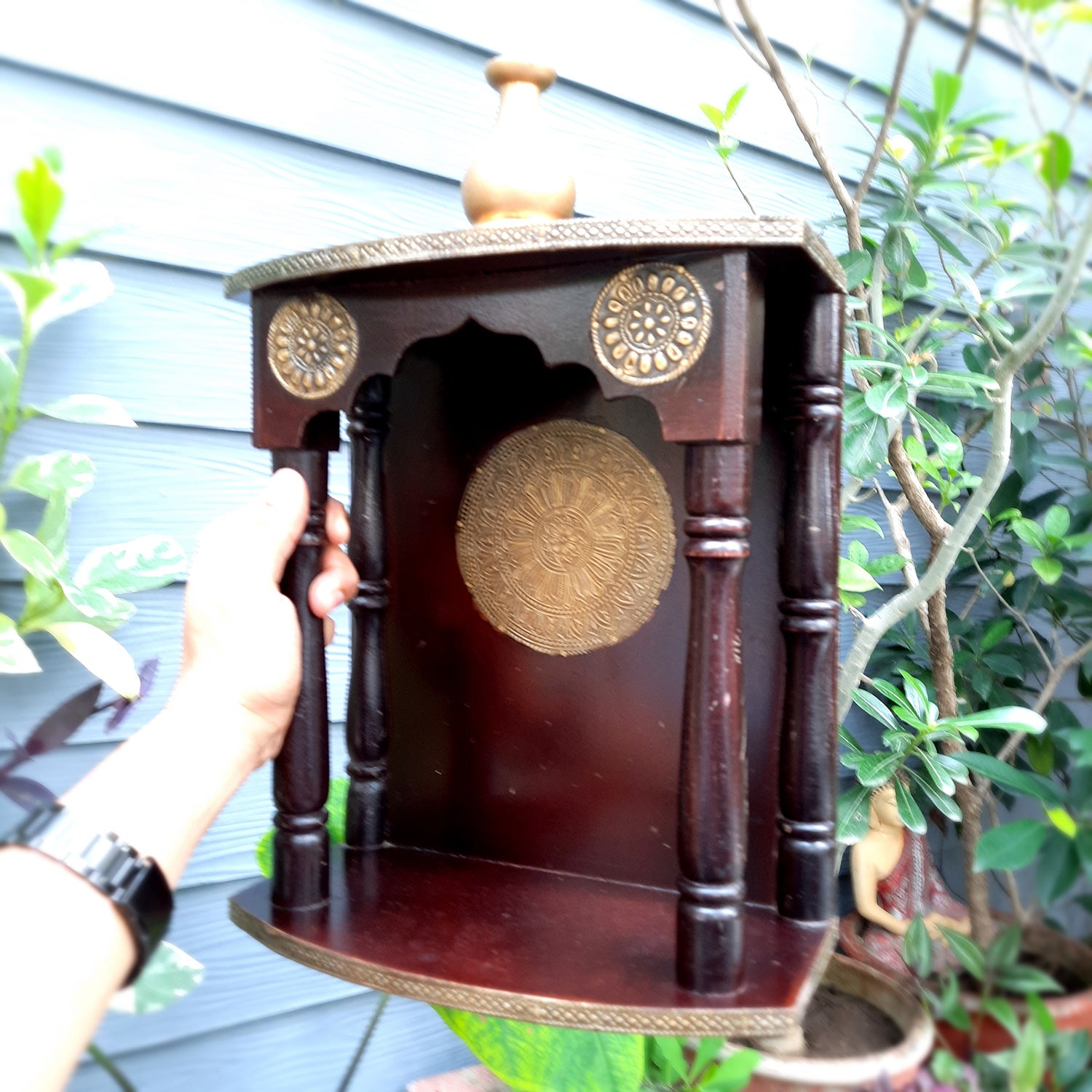 Pooja Mandir | Home Temple With Premium Wood Finish | Brass Puja Stand / Unit Wall Hanging – For Home, Ghar, Office, Shop - 18 inch - Apkamart