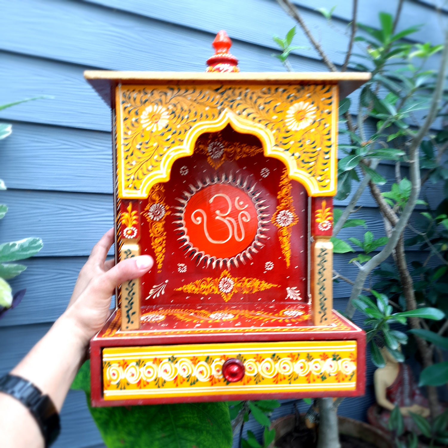 Pooja Temple Wooden With Storage Drawer | Mandir For Home | Puja Stand / Mandap Wall Mounted - For Religious Decor, House, Ghar, Office, Shop - Apkamart #Size_17 inch