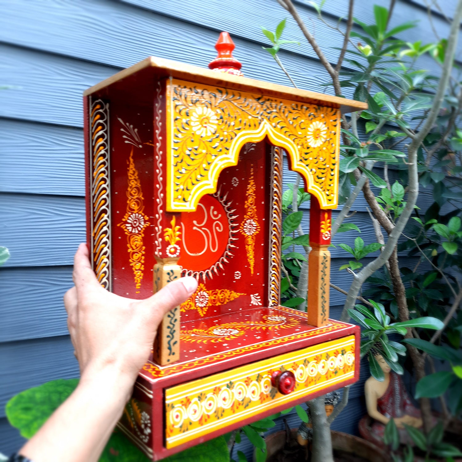 Pooja Temple Wooden With Storage Drawer | Mandir For Home | Puja Stand / Mandap Wall Mounted - For Religious Decor, House, Ghar, Office, Shop - Apkamart #Size_17 inch