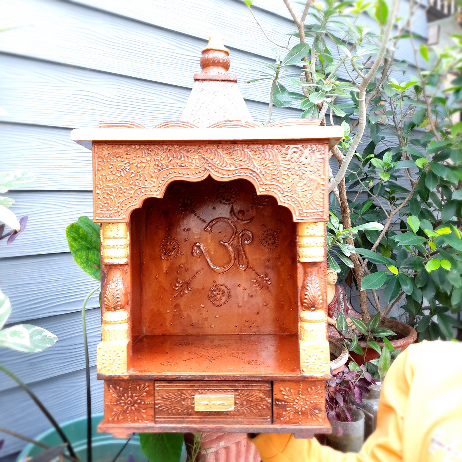 Pooja Temple Wooden With Closed Sides | God Temple For Home | Antique Puja Stand Mandir - Wall Mounted – For Ghar, Office, Shop - 23 Inch - Apkamart