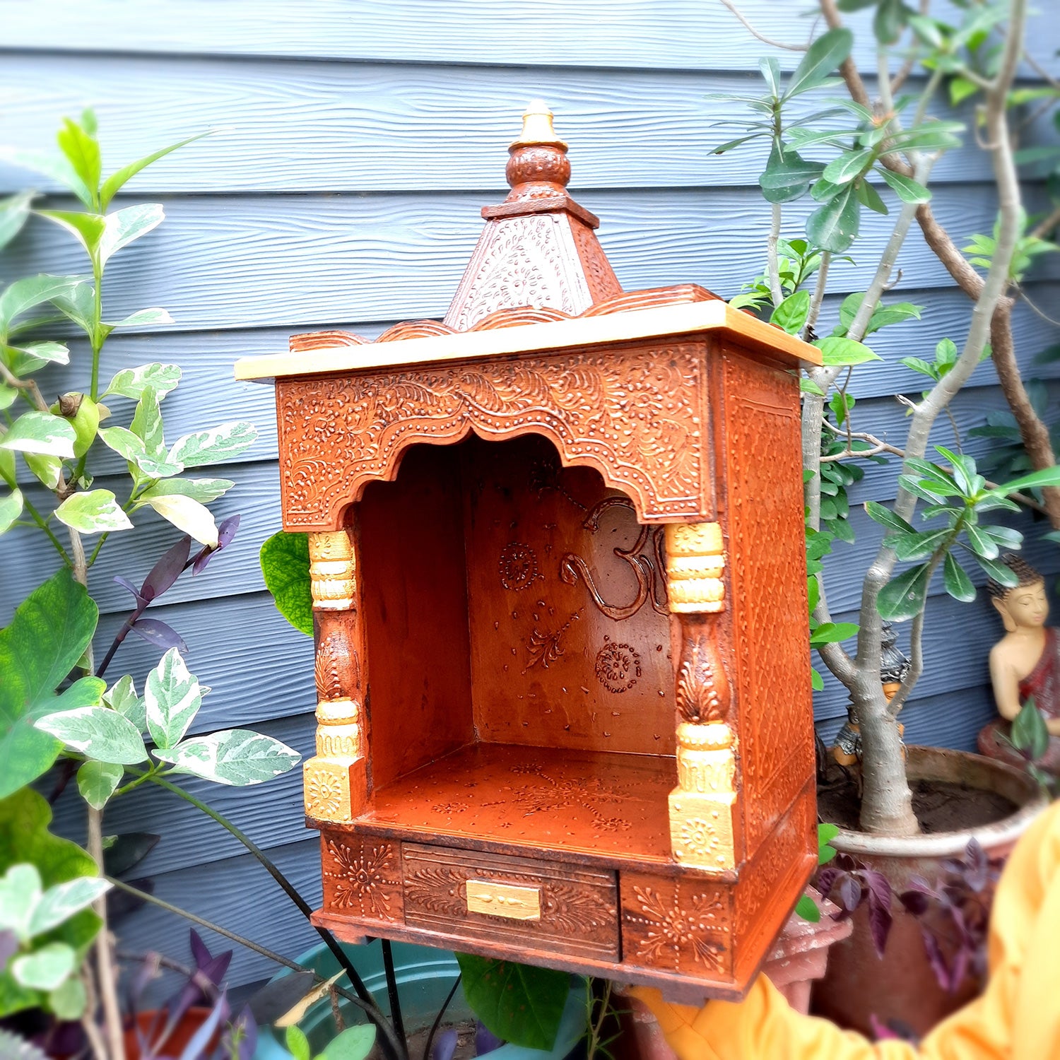 Pooja Temple Wooden With Closed Sides | God Temple For Home | Antique Puja Stand Mandir - Wall Mounted – For Ghar, Office, Shop - 23 Inch - Apkamart