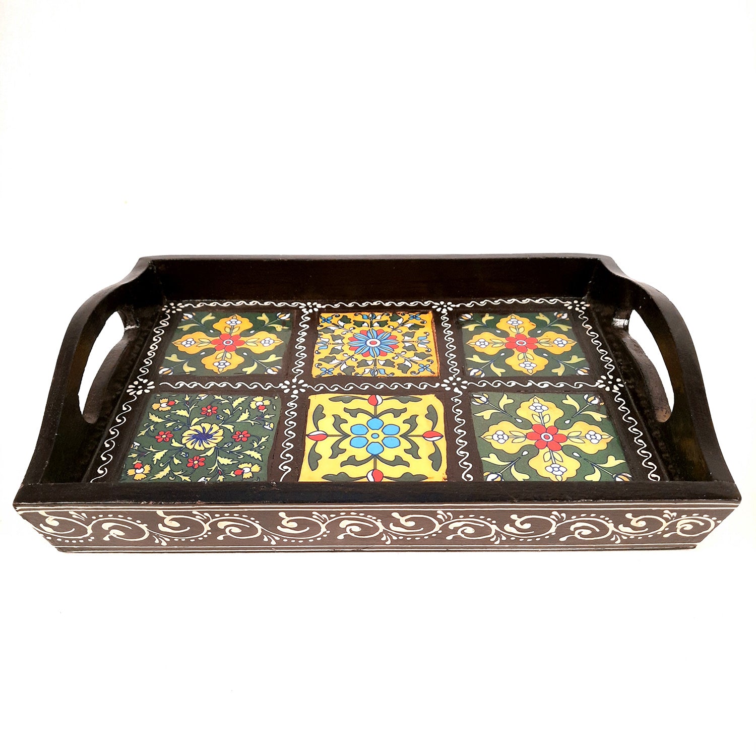 Serving Tray With In Built Ceramic Tiles | Tea & Snacks Serving Platter Wooden | Tray With Handles - for Home, Dining Table, Kitchen Decor, Restaurants, Office, Cafe & Gifts - 12 Inch - Apkamart