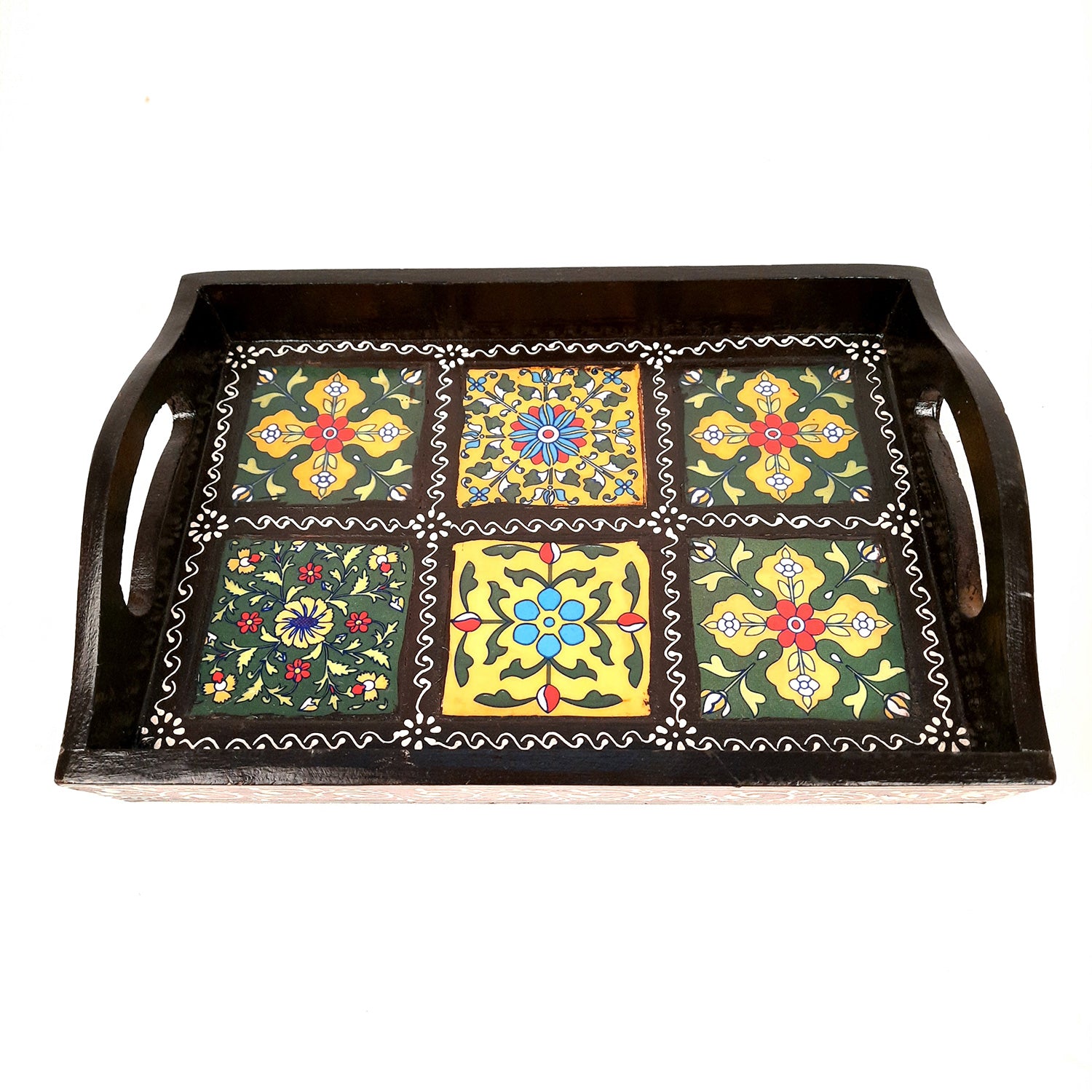 Serving Tray With In Built Ceramic Tiles | Tea & Snacks Serving Platter Wooden | Tray With Handles - for Home, Dining Table, Kitchen Decor, Restaurants, Office, Cafe & Gifts - 12 Inch - Apkamart