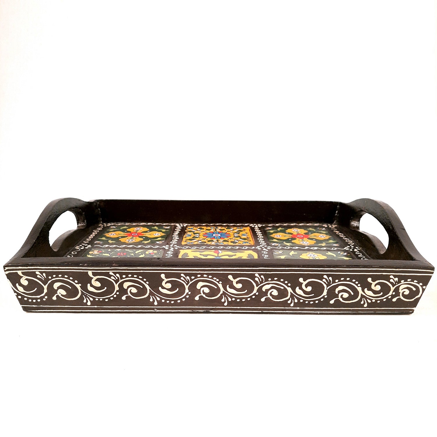 Serving Tray With In Built Ceramic Tiles | Tea & Snacks Serving Platter Wooden | Tray With Handles - for Home, Dining Table, Kitchen Decor, Restaurants, Office, Cafe & Gifts - 12 Inch - Apkamart