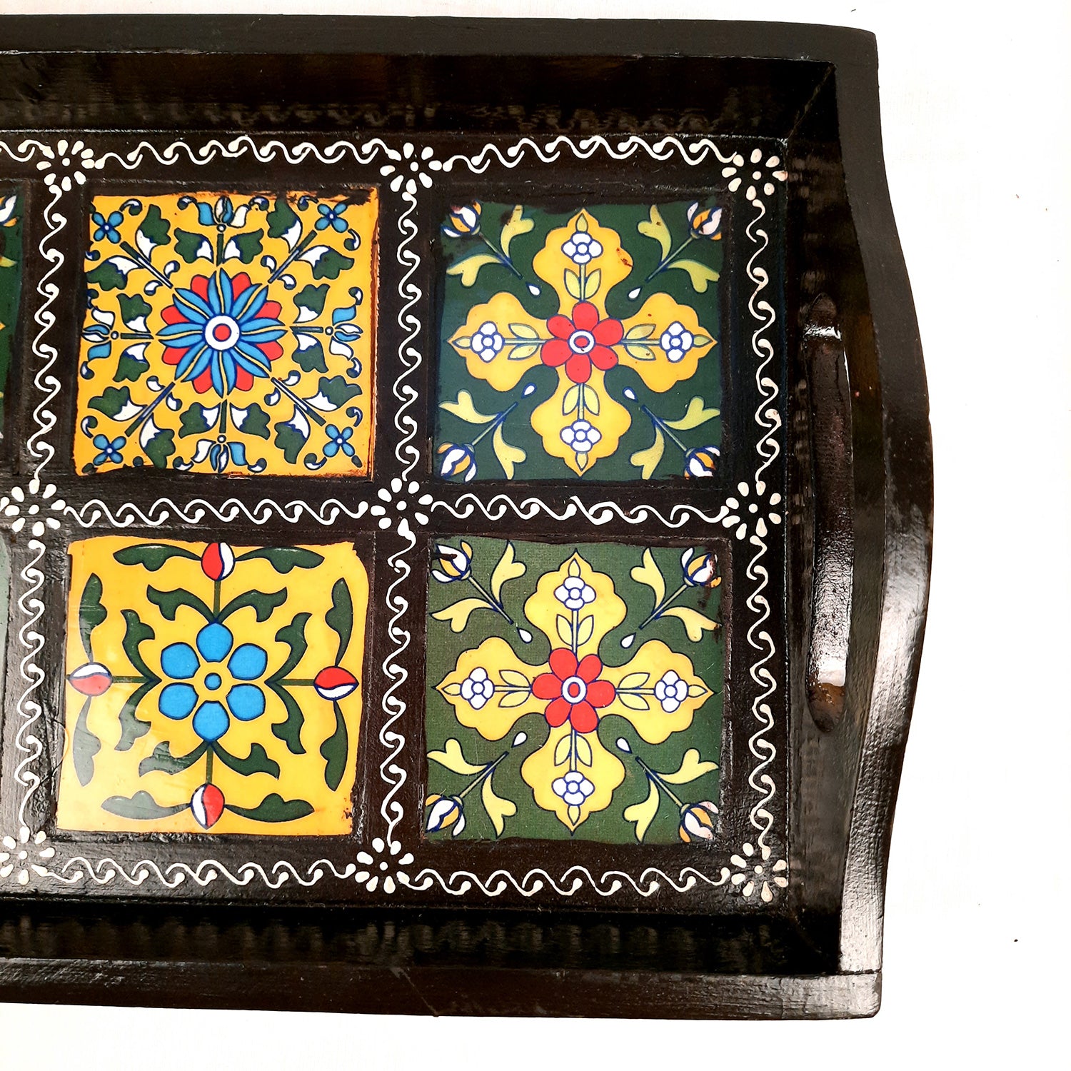 Serving Tray With In Built Ceramic Tiles | Tea & Snacks Serving Platter Wooden | Tray With Handles - for Home, Dining Table, Kitchen Decor, Restaurants, Office, Cafe & Gifts - 12 Inch - Apkamart