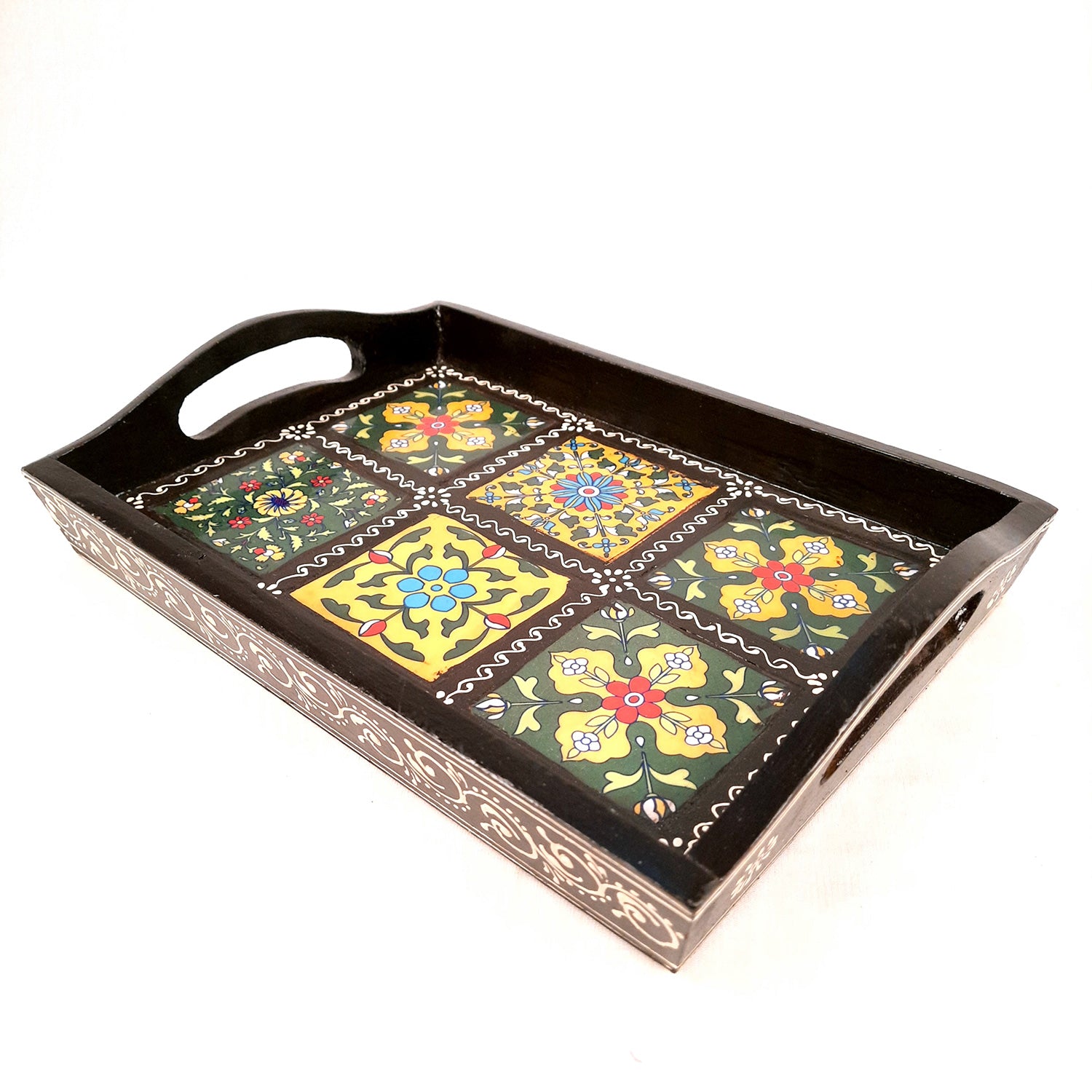 Serving Tray With In Built Ceramic Tiles | Tea & Snacks Serving Platter Wooden | Tray With Handles - for Home, Dining Table, Kitchen Decor, Restaurants, Office, Cafe & Gifts - 12 Inch - Apkamart