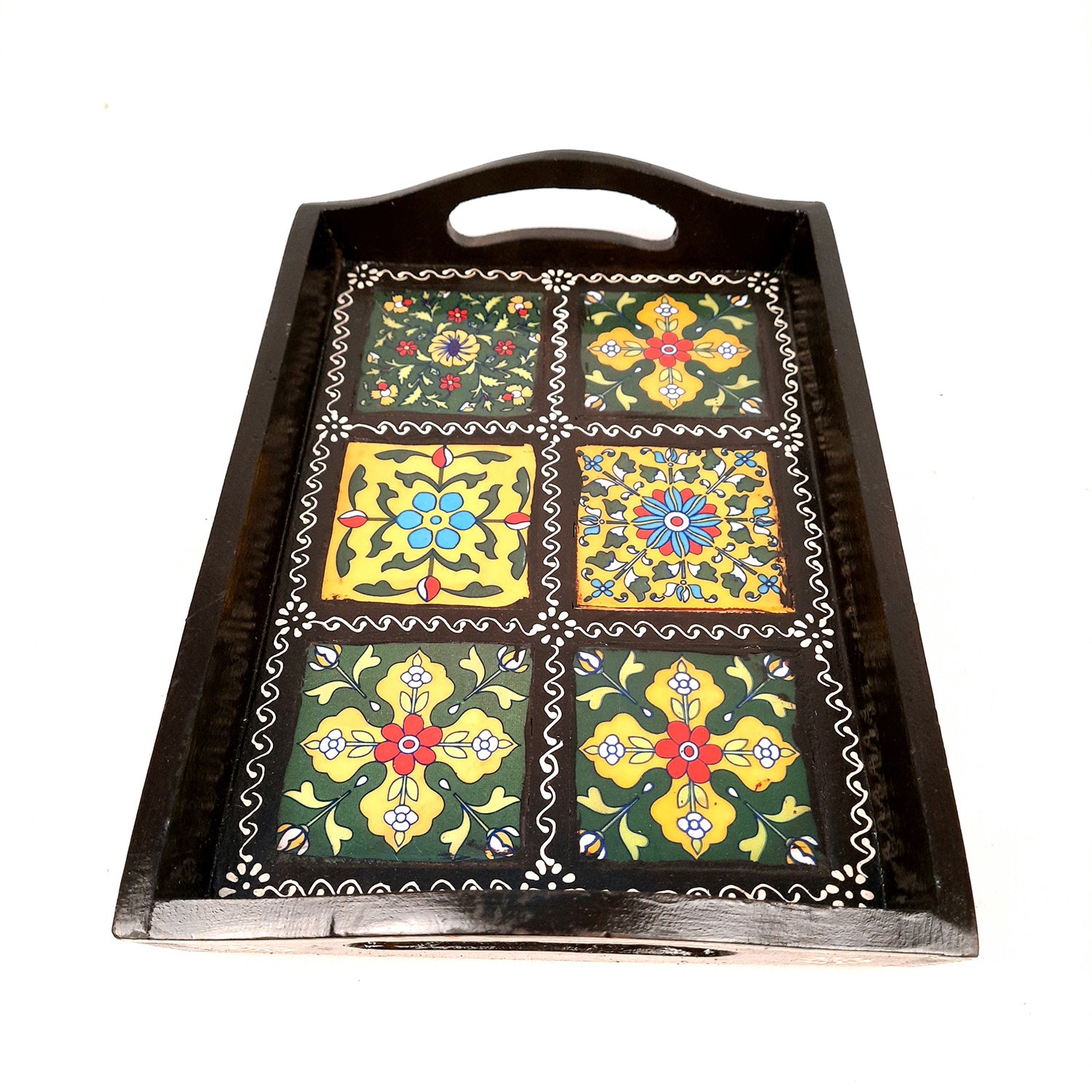 Serving Tray With In Built Ceramic Tiles | Tea & Snacks Serving Platter Wooden | Tray With Handles - for Home, Dining Table, Kitchen Decor, Restaurants, Office, Cafe & Gifts - 12 Inch - Apkamart