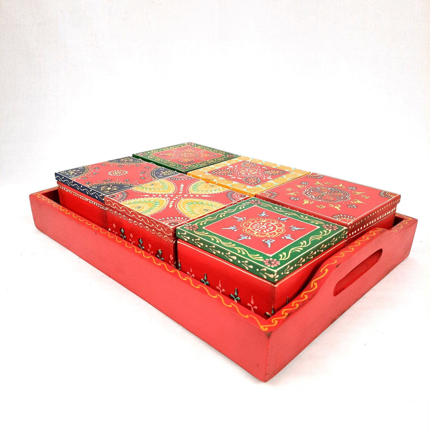 Serving Tray Wooden With Six Boxes & Lid | Mutipurpose Organizer Tray - For Dining Table, Kitchen , Organization & Gifts - Apkamart