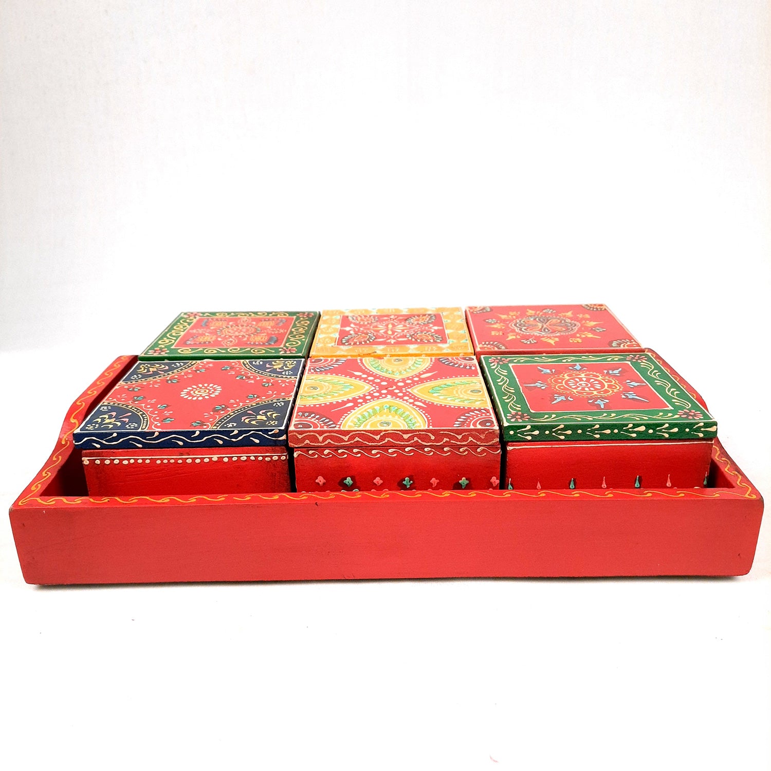 Serving Tray Wooden With Six Boxes & Lid | Mutipurpose Organizer Tray - For Dining Table, Kitchen , Organization & Gifts - Apkamart