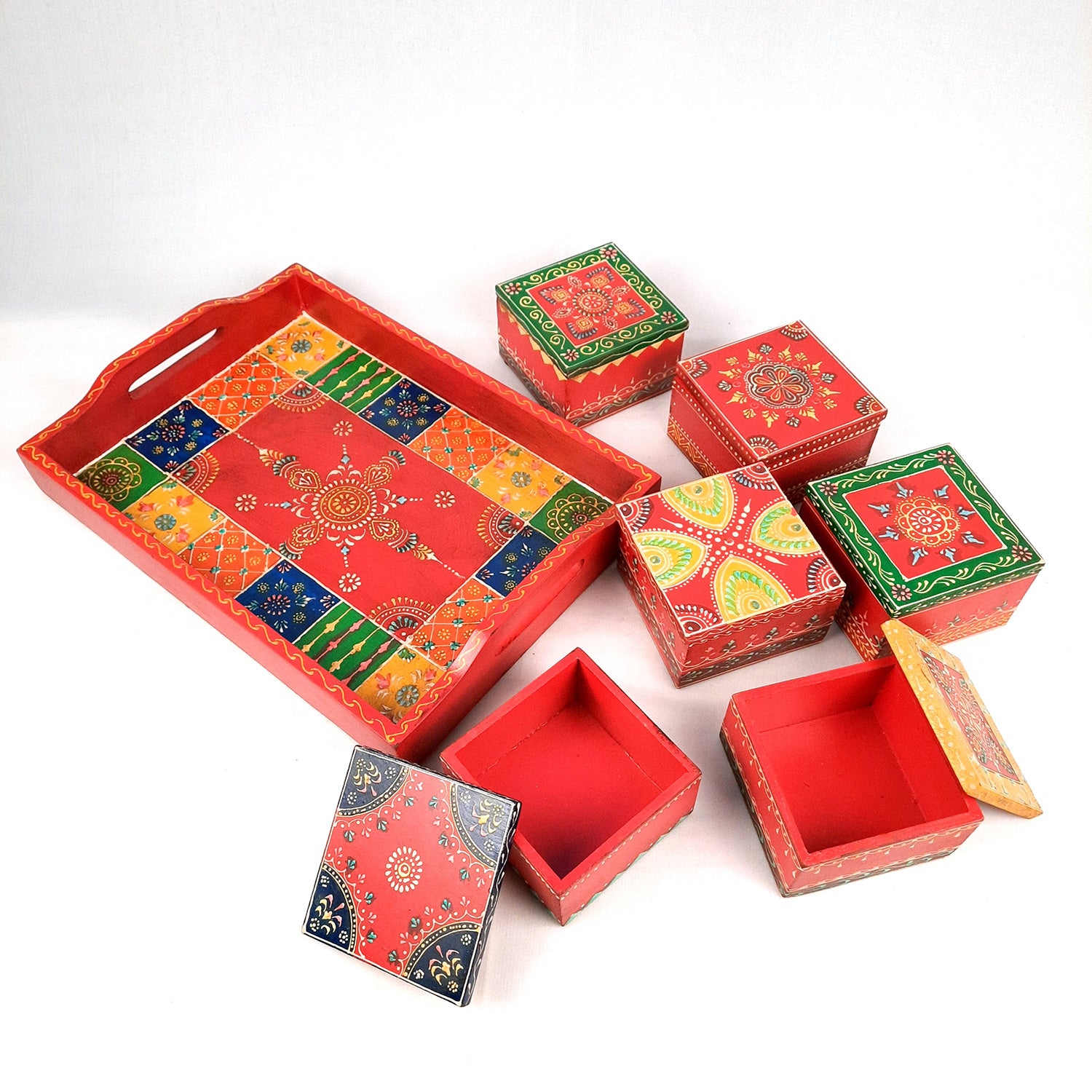 Serving Tray Wooden With Six Boxes & Lid | Mutipurpose Organizer Tray - For Dining Table, Kitchen , Organization & Gifts - Apkamart