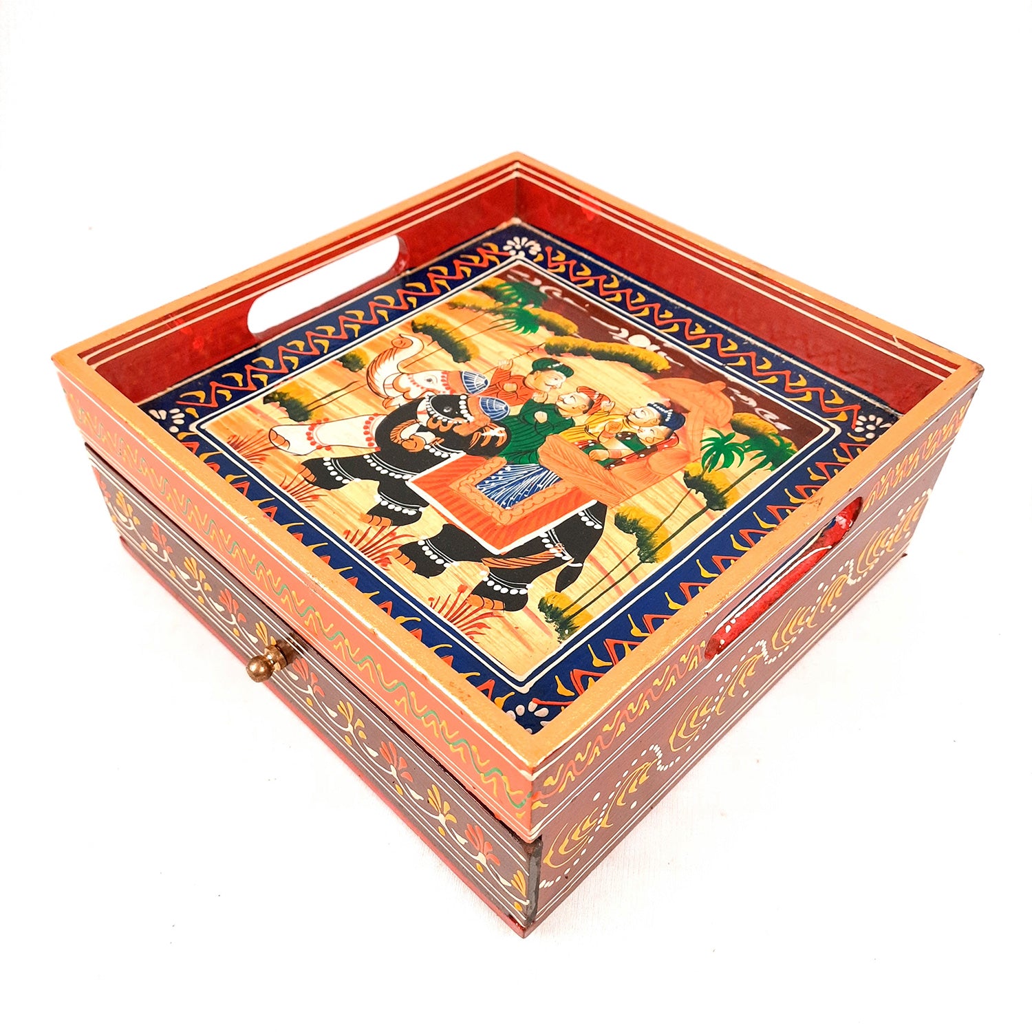 Serving Tray Wooden With Drawer | Tray Cum Organizer for Keeping Tea/ Sugar/ Coffee Sachet & Cutlery - for Home, Dining Table, Kitchen Decor, Restaurant, Office, Cafe - 10 Inch - Apkamart