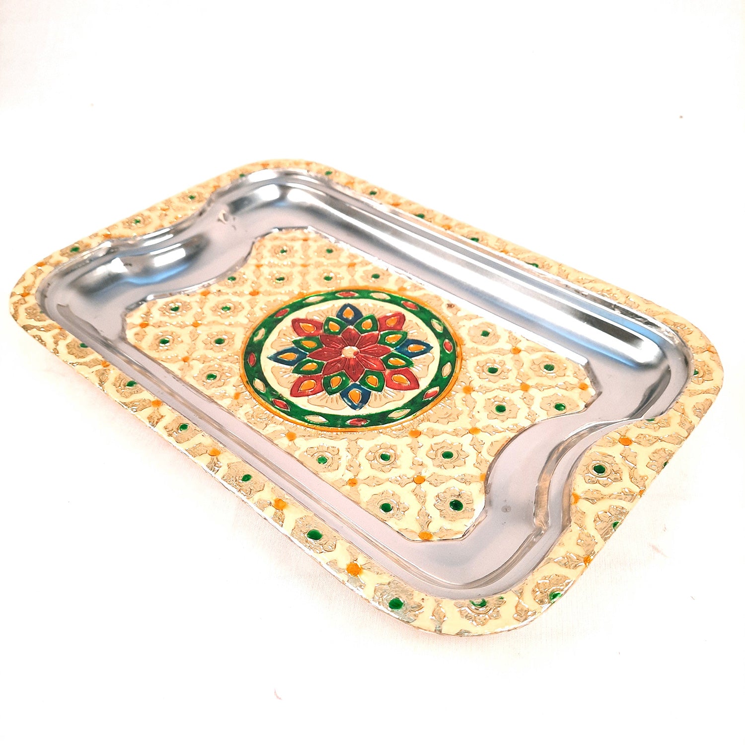 Serving Tray | Tea & Snacks Serving Platter | Rectangular Steel Tray - for Home, Dining Table, Kitchen Decor | Wedding & Housewarming Gift - 12 Inch - Apkamart
