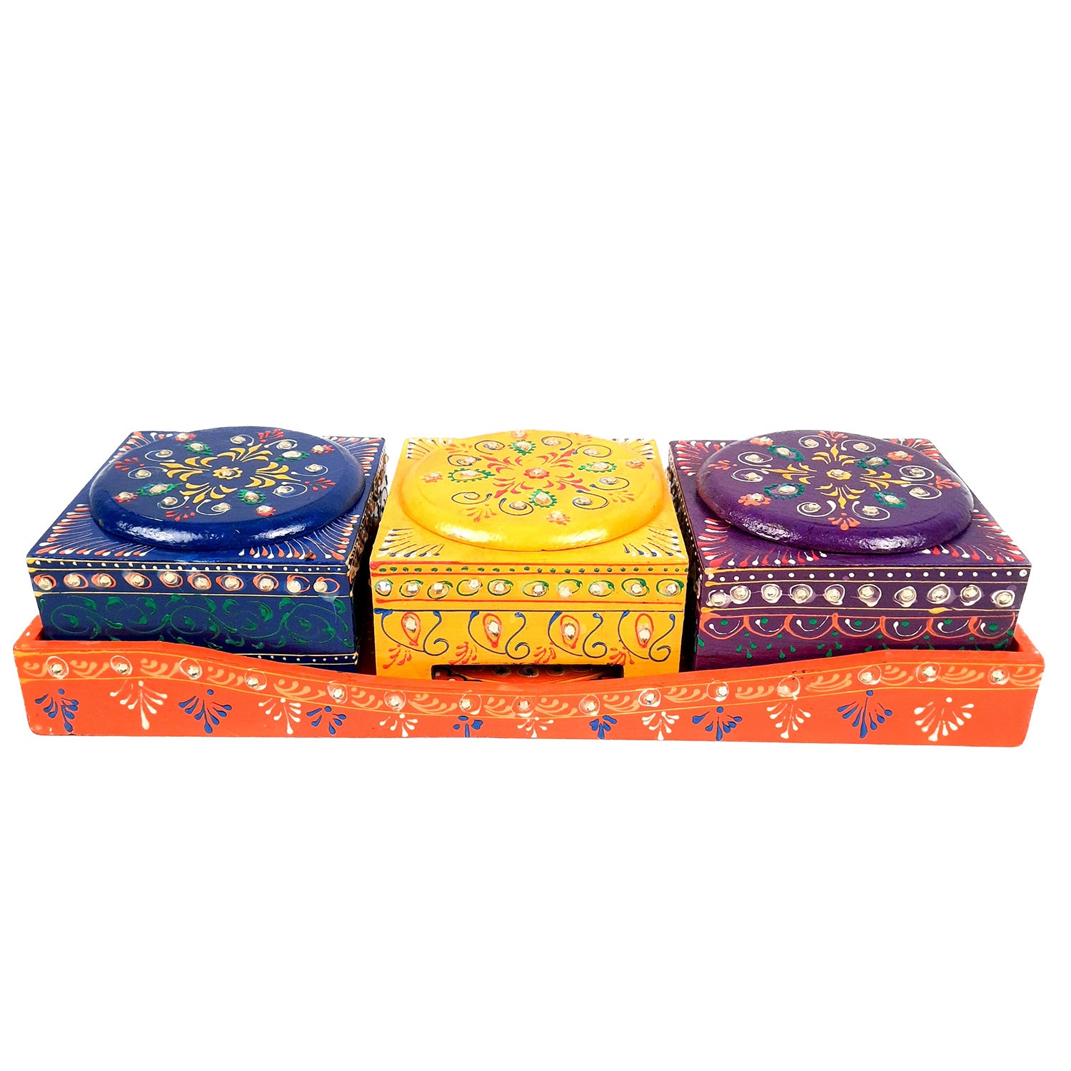 Serving Tray Wooden With Four Steel Bowls & Lid | Snack & Dry Fruit Serving Tray - For Home, Dining Table, Kitchen Decor | Wedding & Housewarming Gift