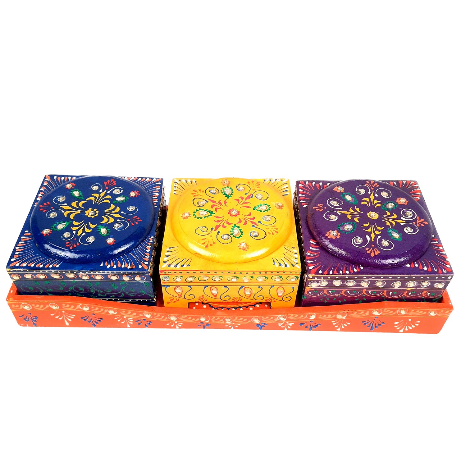 Serving Tray Wooden With Four Steel Bowls & Lid | Snack & Dry Fruit Serving Tray - For Home, Dining Table, Kitchen Decor | Wedding & Housewarming Gift