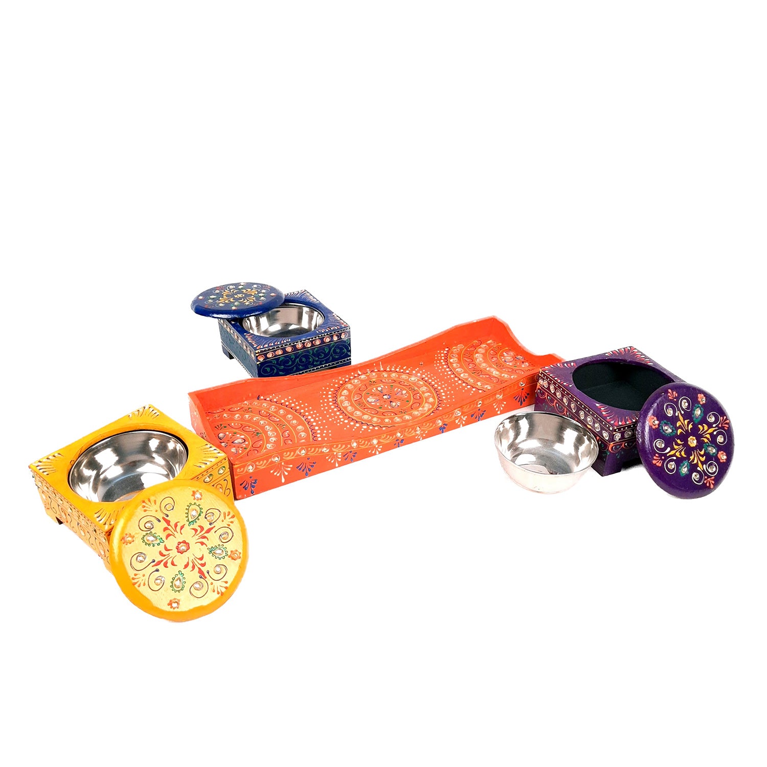 Serving Tray Wooden With Four Steel Bowls & Lid | Snack & Dry Fruit Serving Tray - For Home, Dining Table, Kitchen Decor | Wedding & Housewarming Gift