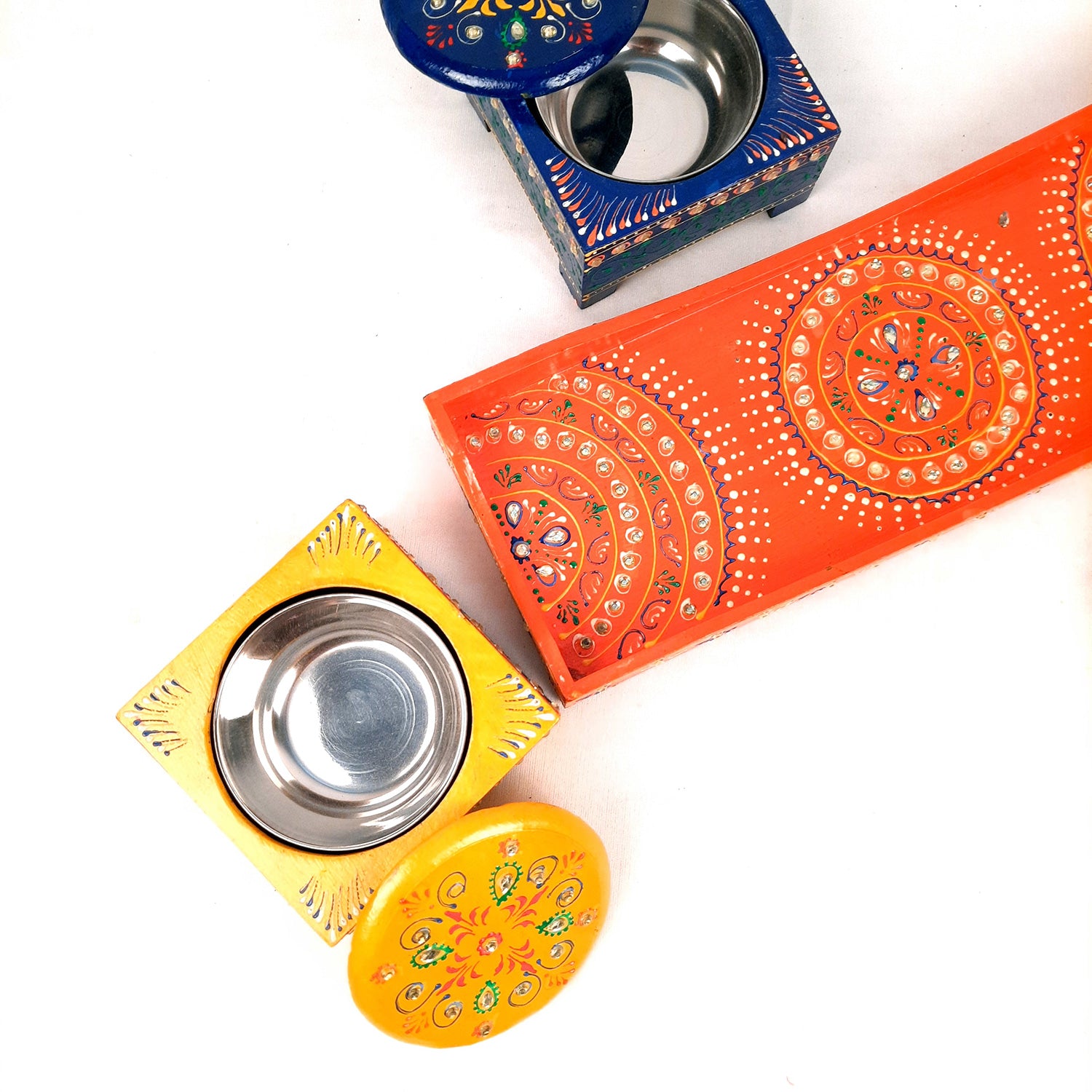 Serving Tray Wooden With Four Steel Bowls & Lid | Snack & Dry Fruit Serving Tray - For Home, Dining Table, Kitchen Decor | Wedding & Housewarming Gift