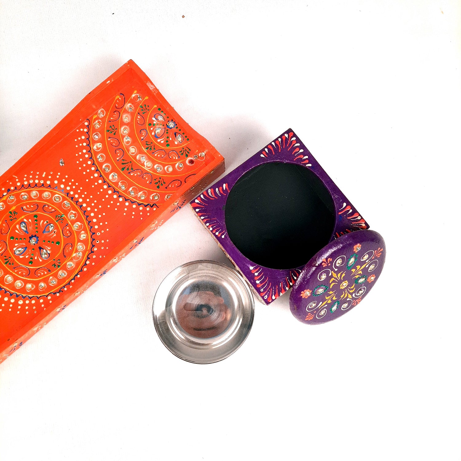 Serving Tray Wooden With Four Steel Bowls & Lid | Snack & Dry Fruit Serving Tray - For Home, Dining Table, Kitchen Decor | Wedding & Housewarming Gift