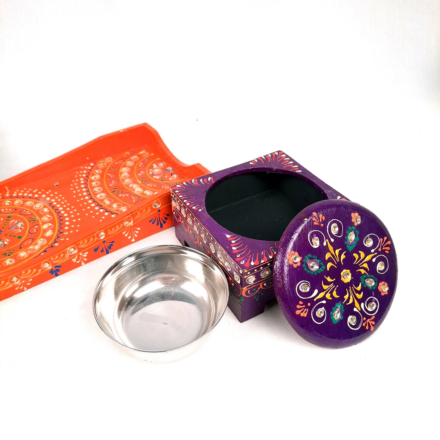 Serving Tray Wooden With Four Steel Bowls & Lid | Snack & Dry Fruit Serving Tray - For Home, Dining Table, Kitchen Decor | Wedding & Housewarming Gift