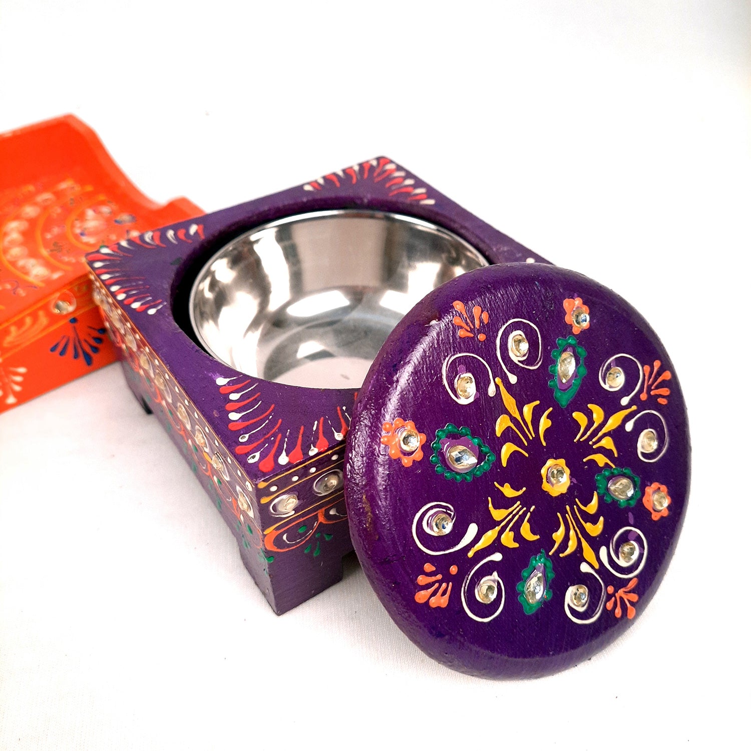 Serving Tray Wooden With Four Steel Bowls & Lid | Snack & Dry Fruit Serving Tray - For Home, Dining Table, Kitchen Decor | Wedding & Housewarming Gift