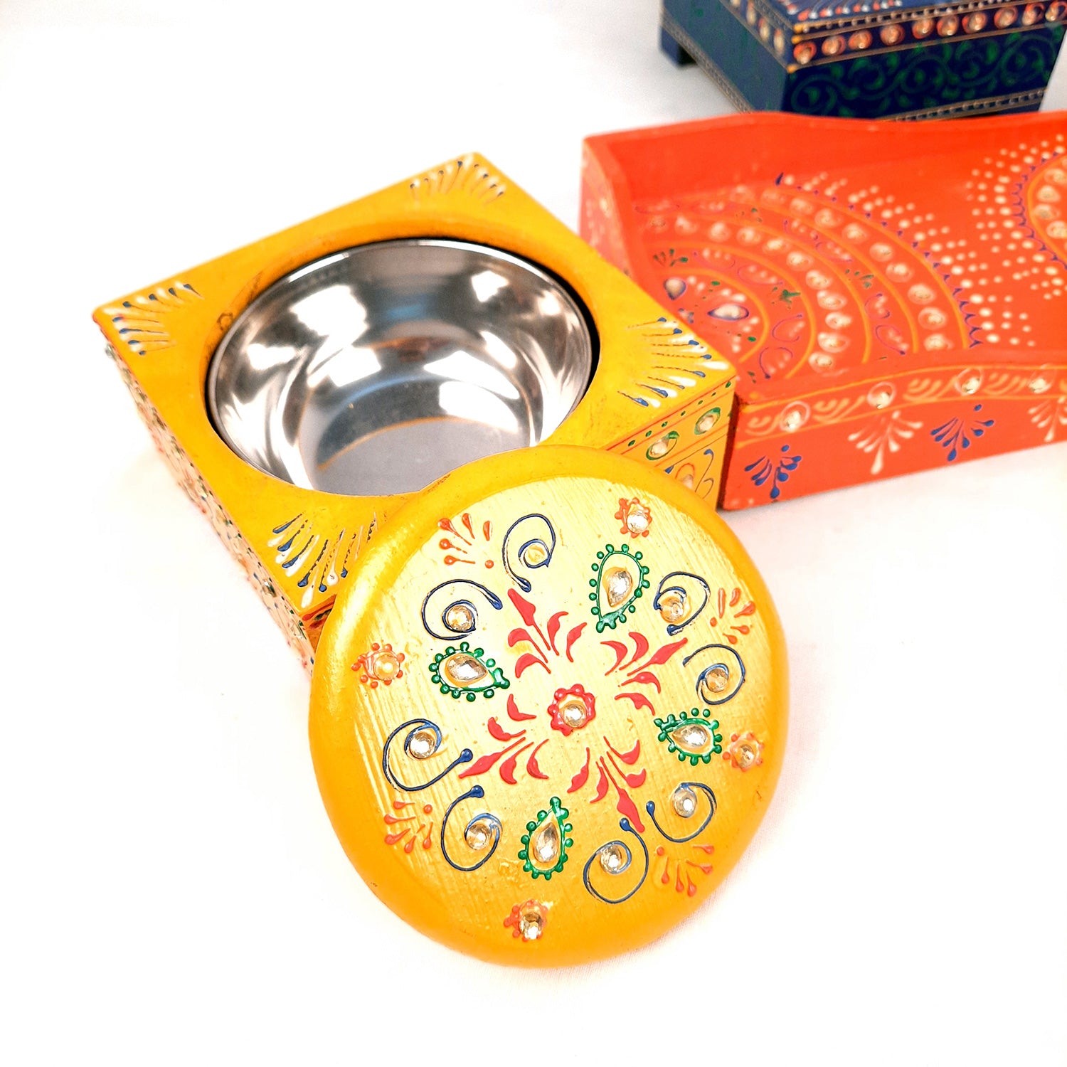 Serving Tray Wooden With Four Steel Bowls & Lid | Snack & Dry Fruit Serving Tray - For Home, Dining Table, Kitchen Decor | Wedding & Housewarming Gift