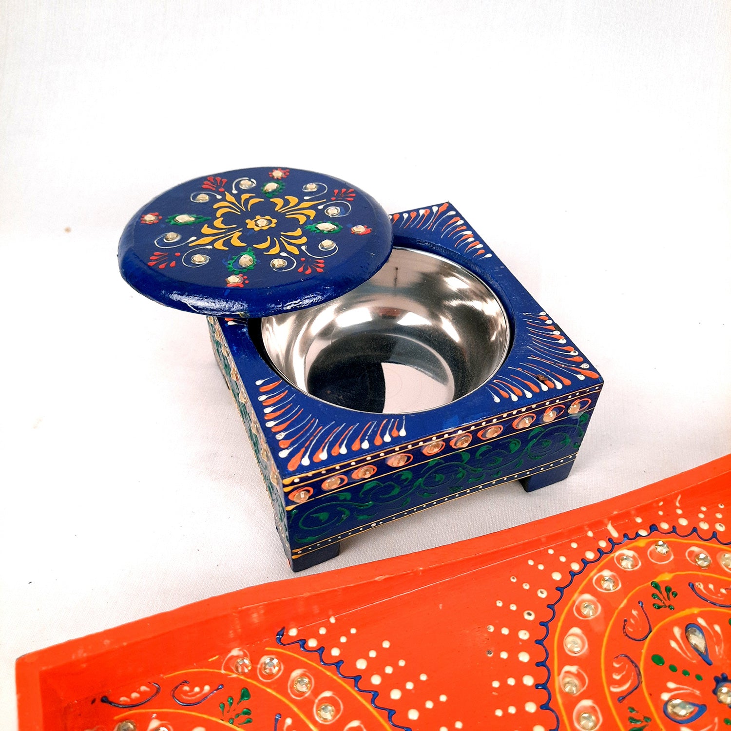 Serving Tray Wooden With Four Steel Bowls & Lid | Snack & Dry Fruit Serving Tray - For Home, Dining Table, Kitchen Decor | Wedding & Housewarming Gift