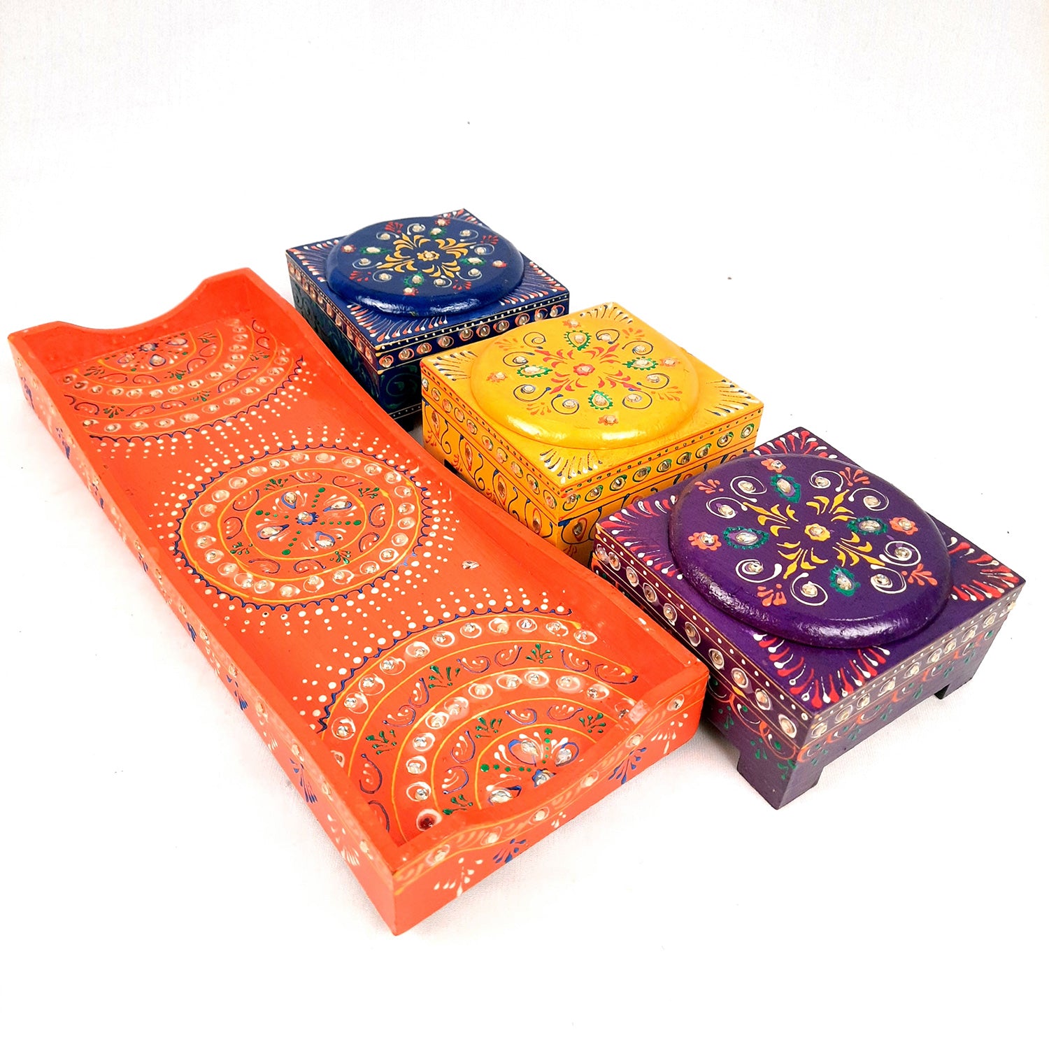 Serving Tray Wooden With Four Steel Bowls & Lid | Snack & Dry Fruit Serving Tray - For Home, Dining Table, Kitchen Decor | Wedding & Housewarming Gift