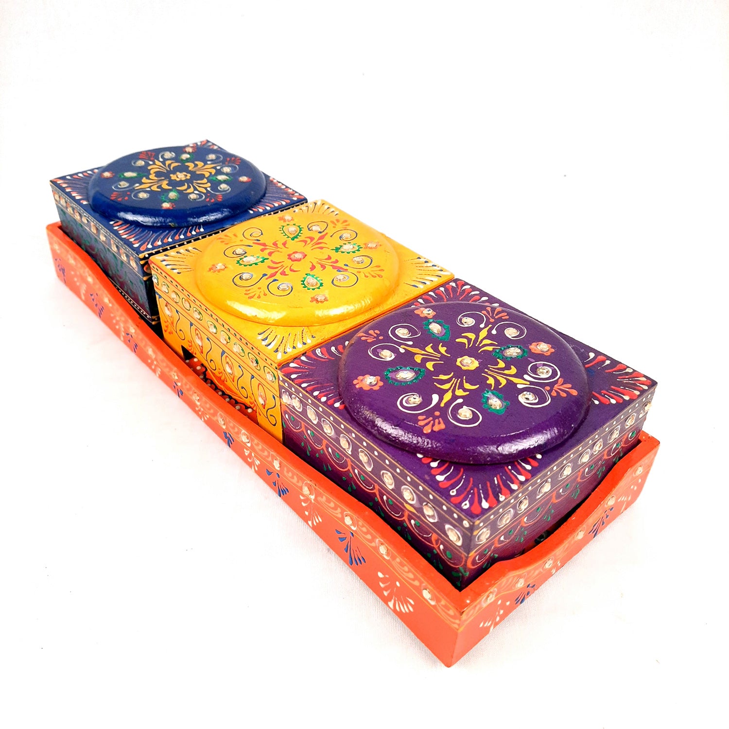 Serving Tray Wooden With Four Steel Bowls & Lid | Snack & Dry Fruit Serving Tray - For Home, Dining Table, Kitchen Decor | Wedding & Housewarming Gift