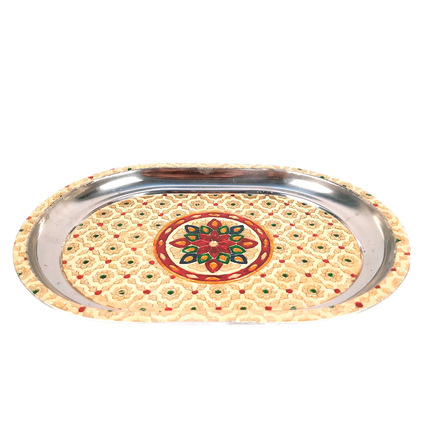 Serving Tray Steel | Tea & Snacks Serving Platter - for Home, Dining Table, Kitchen Decor | Wedding & Housewarming Gift - 14 Inch - Apkamart