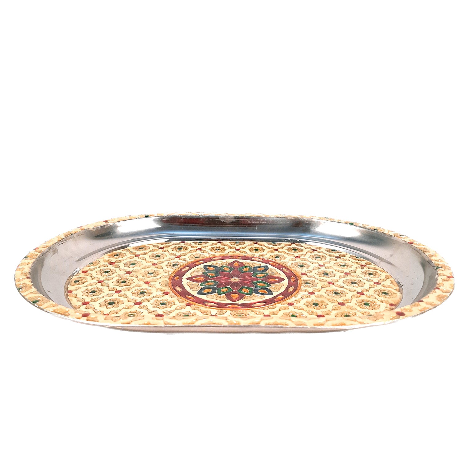 Serving Tray Steel | Tea & Snacks Serving Platter - for Home, Dining Table, Kitchen Decor | Wedding & Housewarming Gift - 14 Inch - Apkamart