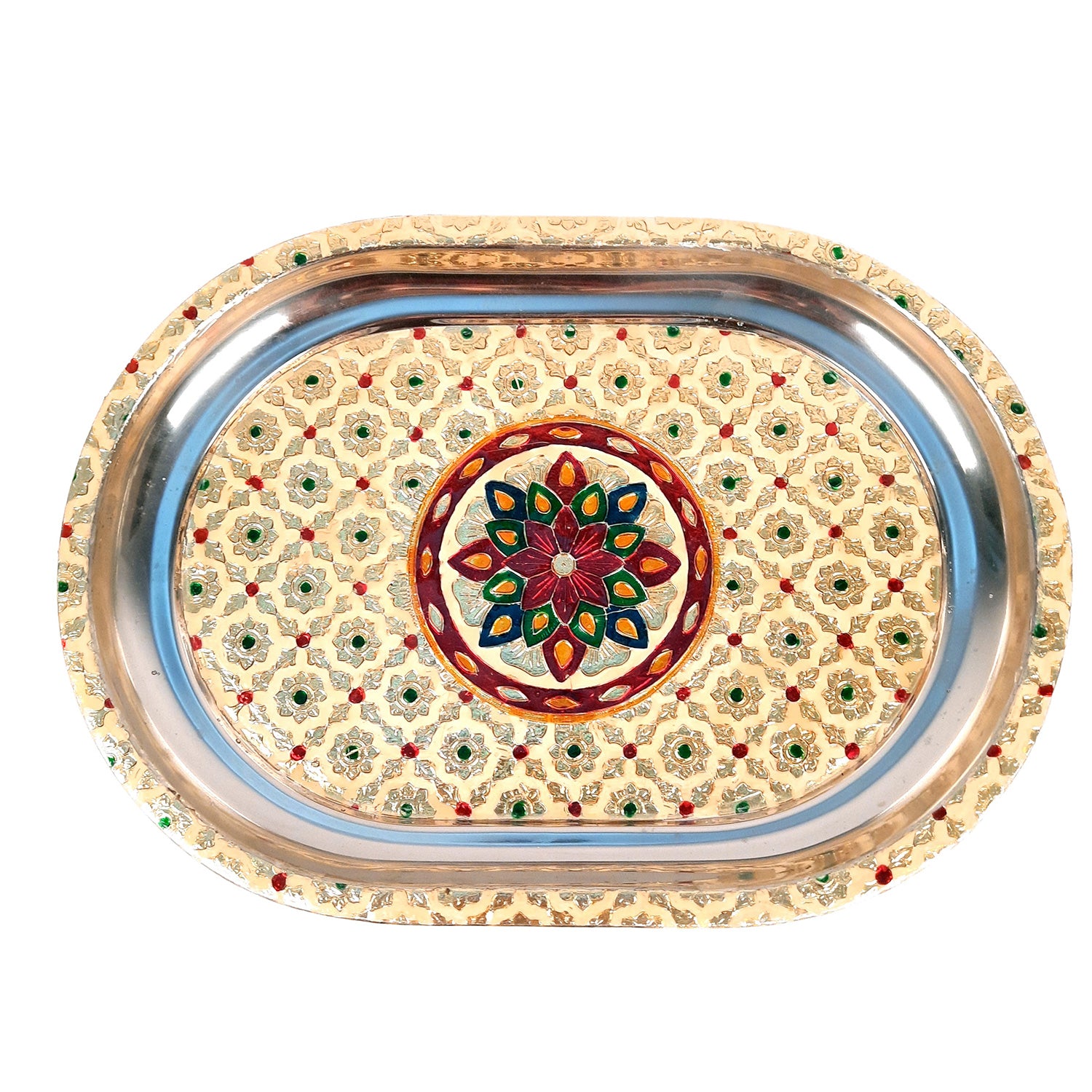 Serving Tray Steel | Tea & Snacks Serving Platter - for Home, Dining Table, Kitchen Decor | Wedding & Housewarming Gift - 14 Inch - Apkamart
