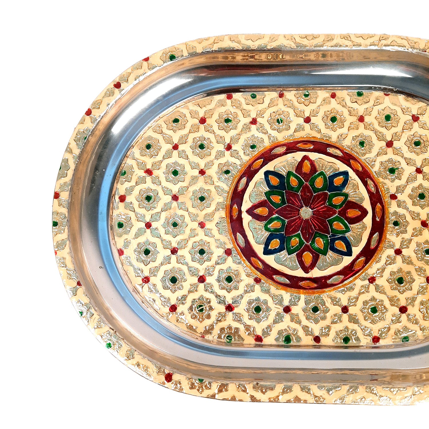 Serving Tray Steel | Tea & Snacks Serving Platter - for Home, Dining Table, Kitchen Decor | Wedding & Housewarming Gift - 14 Inch - Apkamart