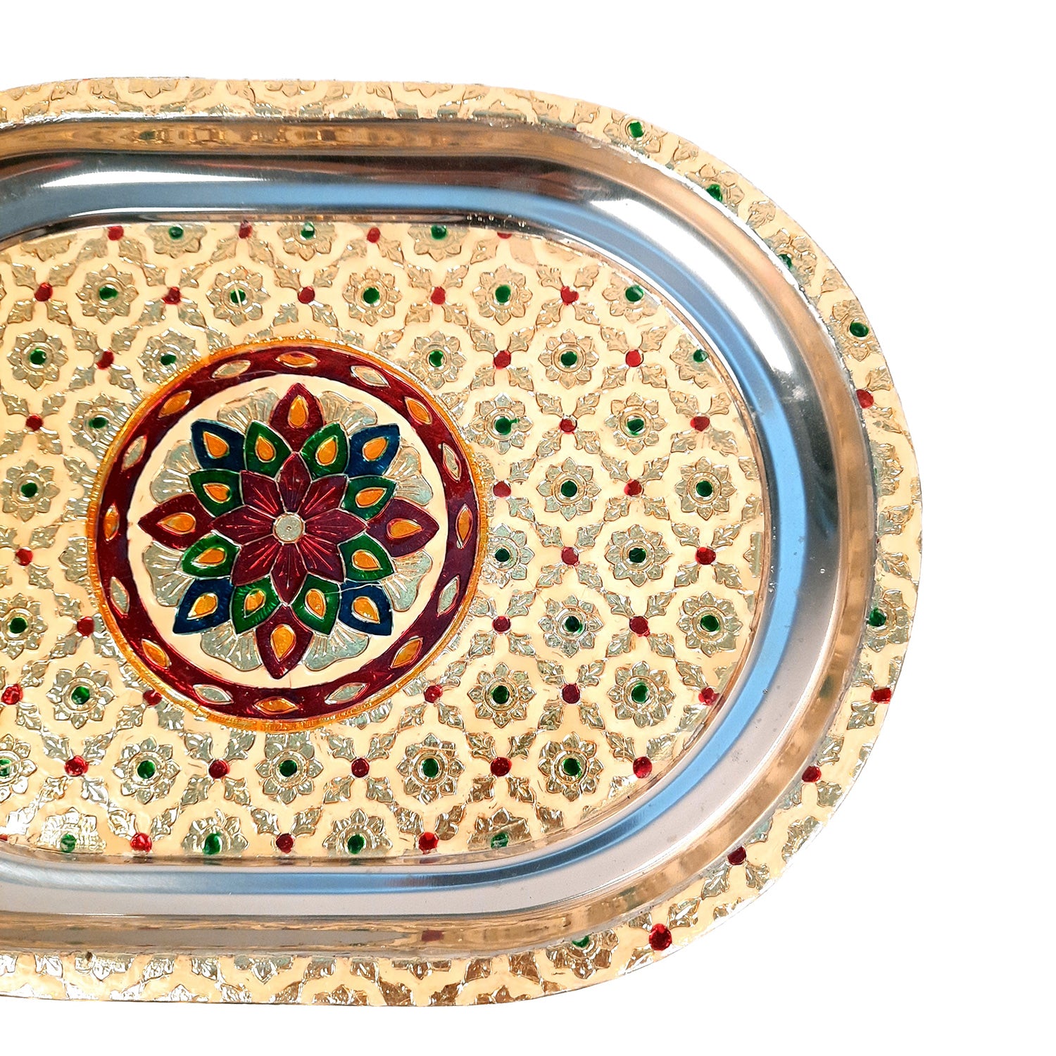 Serving Tray Steel | Tea & Snacks Serving Platter - for Home, Dining Table, Kitchen Decor | Wedding & Housewarming Gift - 14 Inch - Apkamart