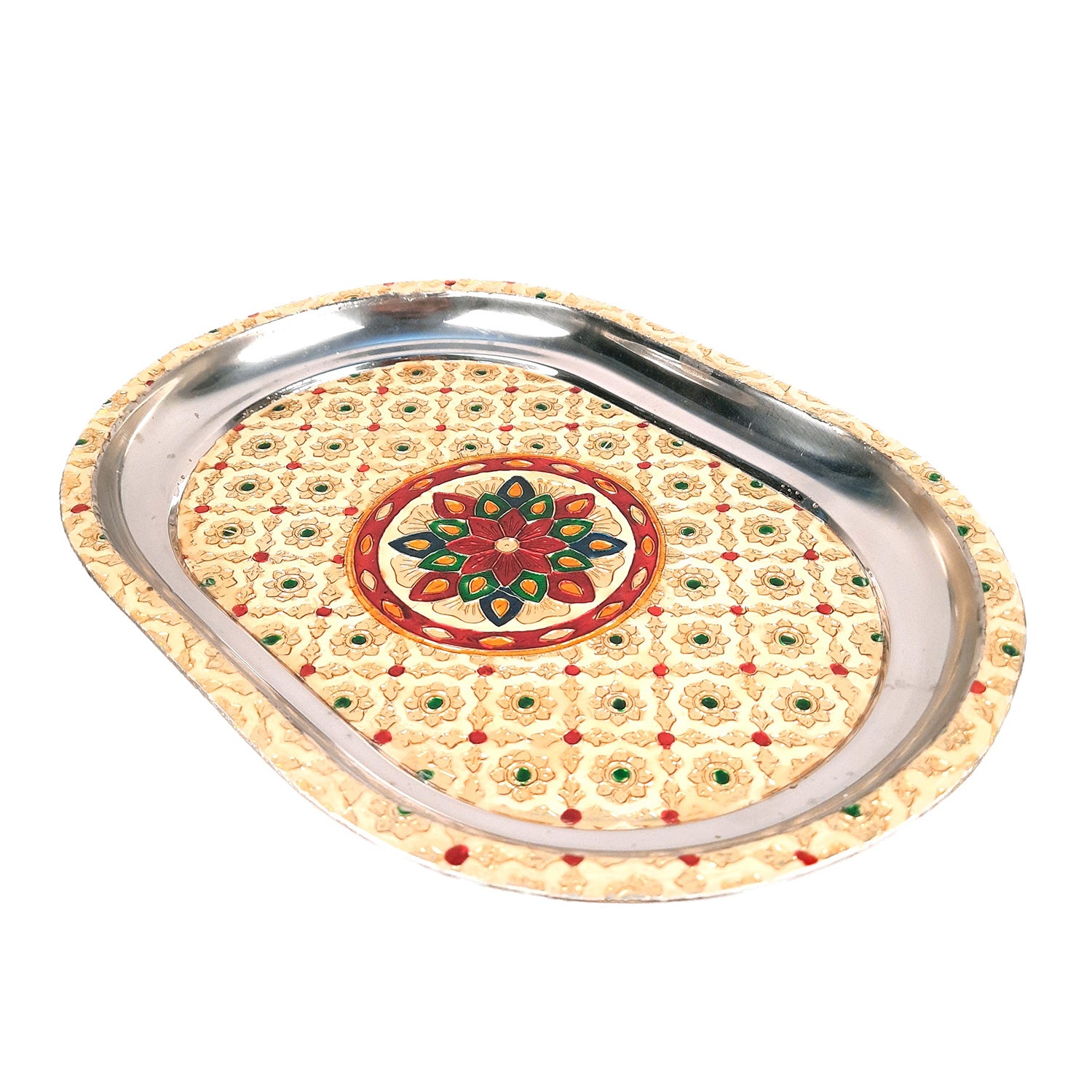Serving Tray Steel | Tea & Snacks Serving Platter - for Home, Dining Table, Kitchen Decor | Wedding & Housewarming Gift - 14 Inch - Apkamart