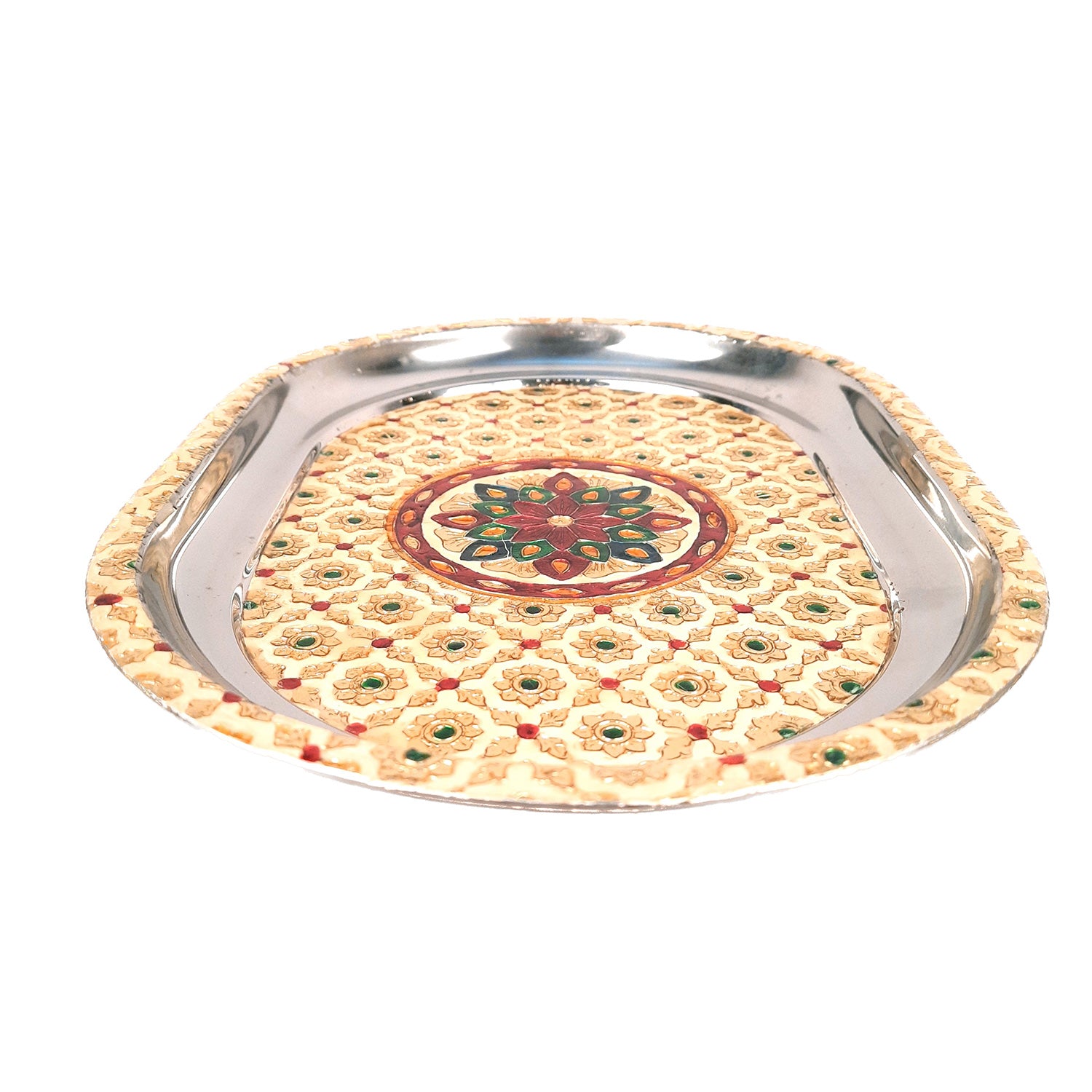 Serving Tray Steel | Tea & Snacks Serving Platter - for Home, Dining Table, Kitchen Decor | Wedding & Housewarming Gift - 14 Inch - Apkamart