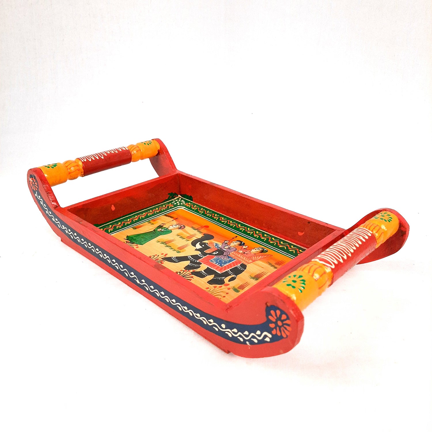 Serving Tray | Tea & Snacks Serving Platter Wooden | Tray With Handles - for Home, Dining Table, Kitchen Decor, Restaurants, Office, Cafe & Gifts - 13 Inch - Apkamart