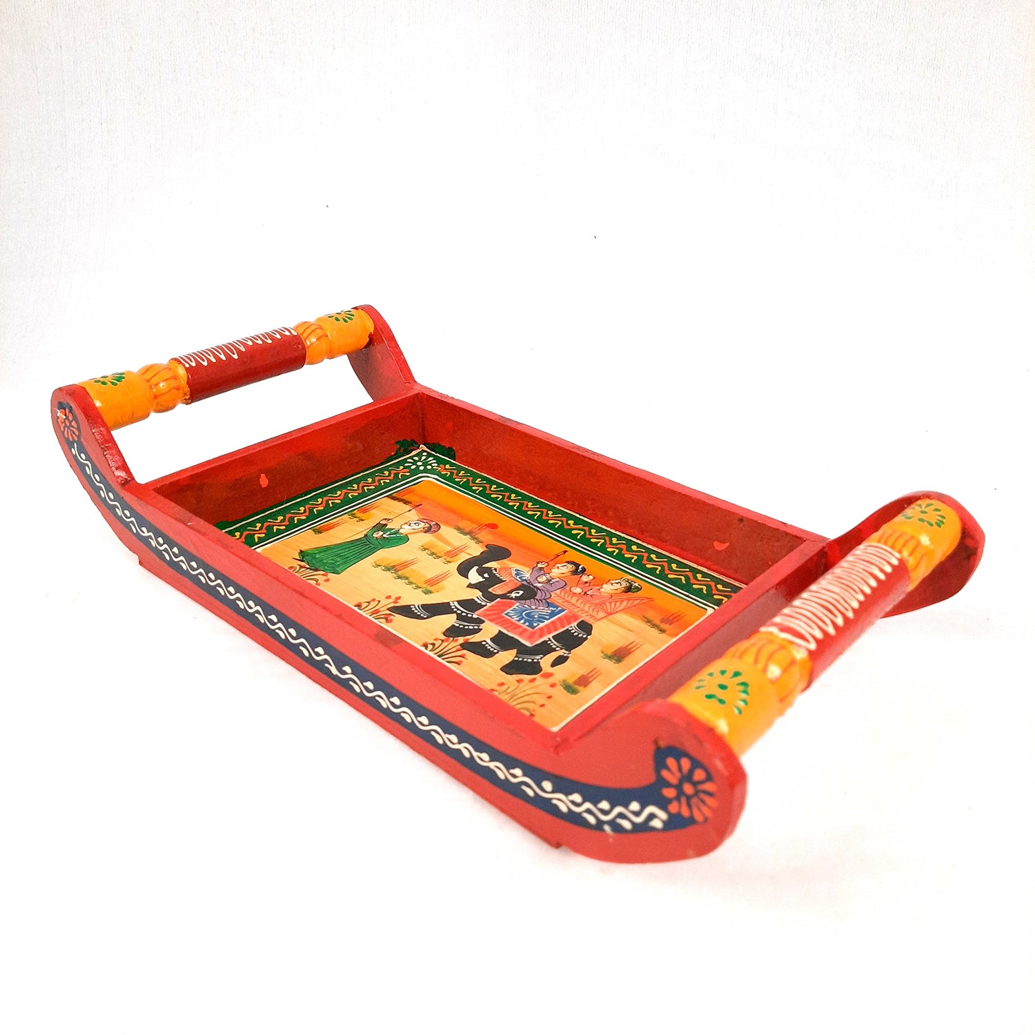 Serving Tray | Tea & Snacks Serving Platter Wooden | Tray With Handles - for Home, Dining Table, Kitchen Decor, Restaurants, Office, Cafe & Gifts - 13 Inch - Apkamart