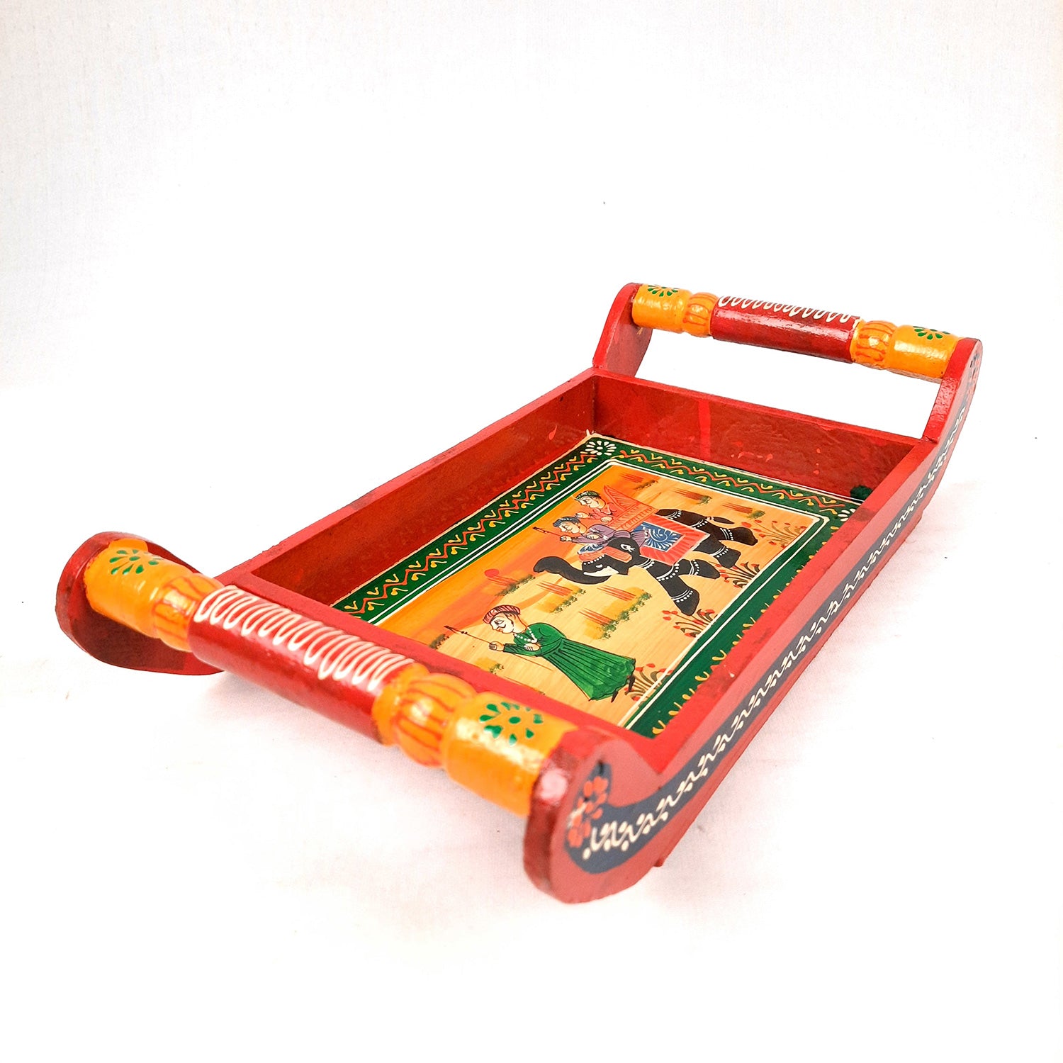 Serving Tray | Tea & Snacks Serving Platter Wooden | Tray With Handles - for Home, Dining Table, Kitchen Decor, Restaurants, Office, Cafe & Gifts - 13 Inch - Apkamart