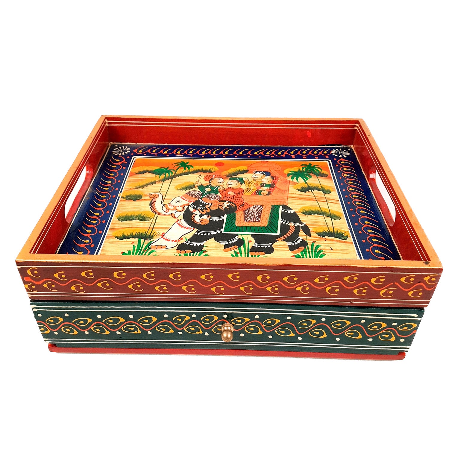 Serving Tray Wooden With Drawer | Tray Cum Organizer for Keeping Tea/ Sugar/ Coffee Sachet & Cutlery - for Home, Dining Table, Kitchen Decor, Restaurant, Office, Cafe - 12 Inch - Apkamart