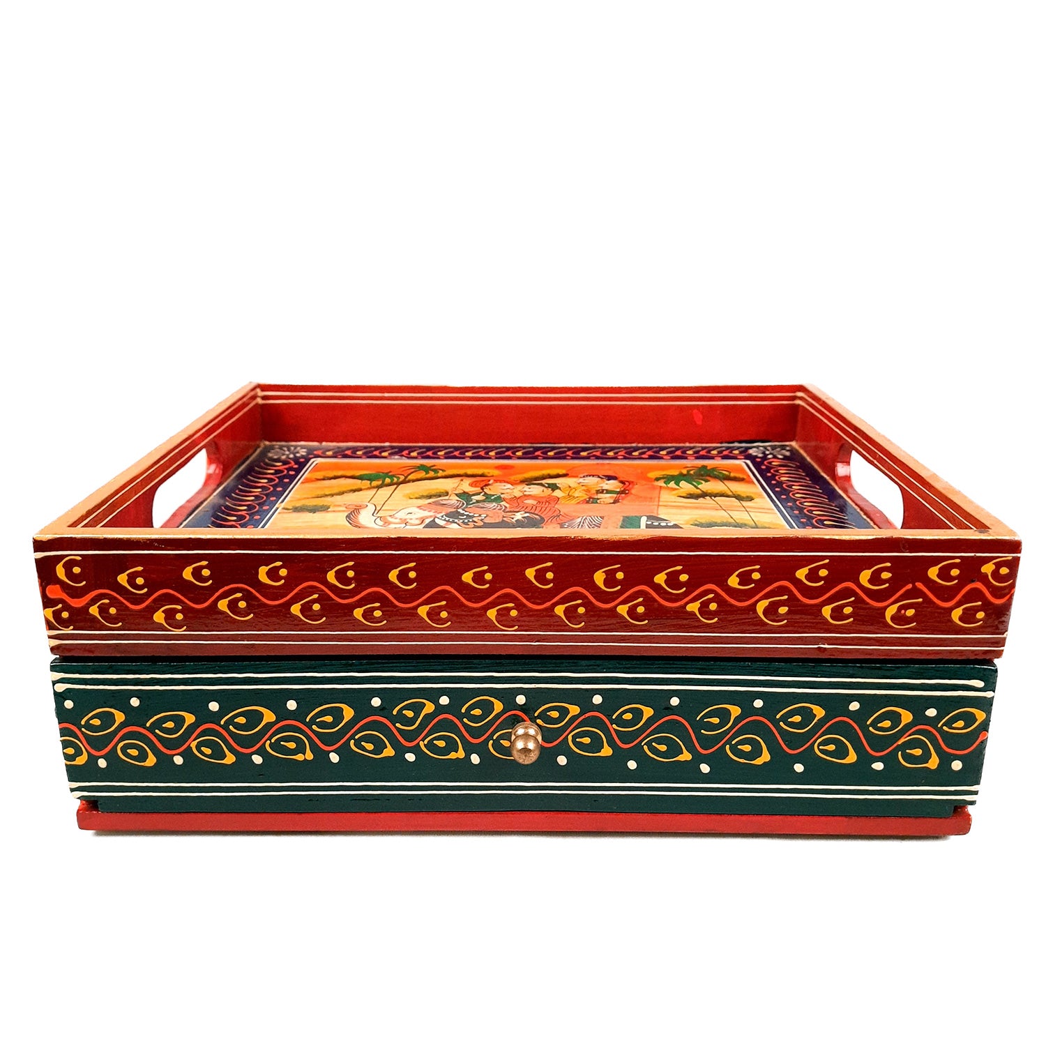 Serving Tray Wooden With Drawer | Tray Cum Organizer for Keeping Tea/ Sugar/ Coffee Sachet & Cutlery - for Home, Dining Table, Kitchen Decor, Restaurant, Office, Cafe - 12 Inch - Apkamart