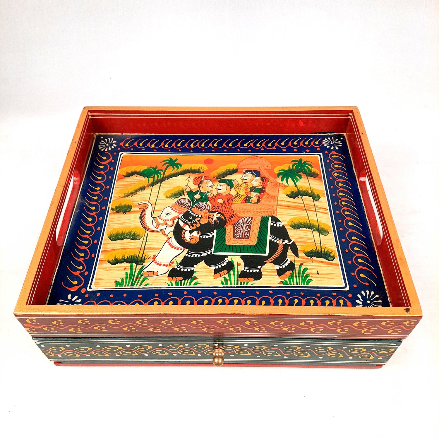 Serving Tray Wooden With Drawer | Tray Cum Organizer for Keeping Tea/ Sugar/ Coffee Sachet & Cutlery - for Home, Dining Table, Kitchen Decor, Restaurant, Office, Cafe - 12 Inch - Apkamart